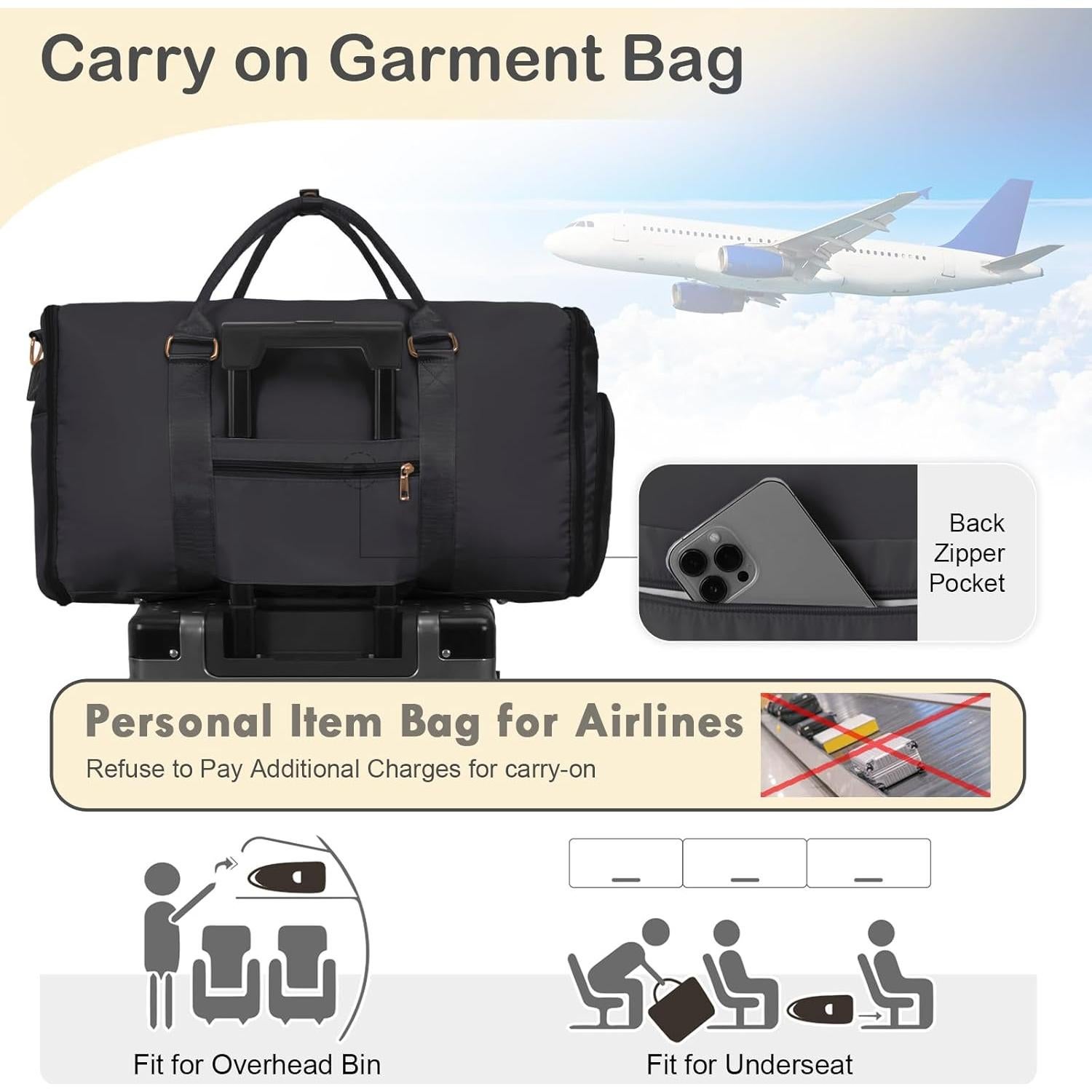 Bolsa de Ropa de Viaje WOOMADA Negra, Duffle Convertible 2-en-1