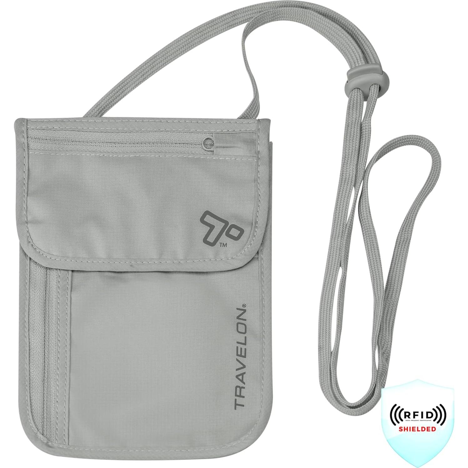 Billetera de viaje Travelon con bloqueo RFID para cuello gris
