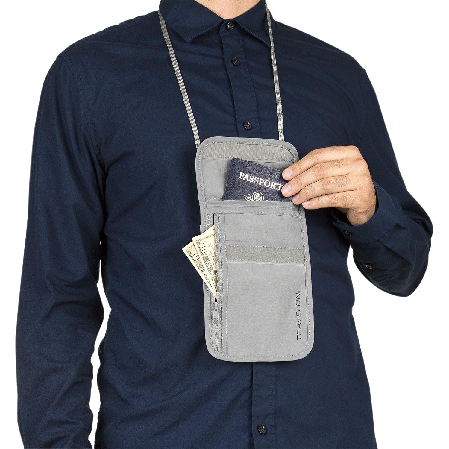 Billetera de viaje Travelon con bloqueo RFID para cuello gris