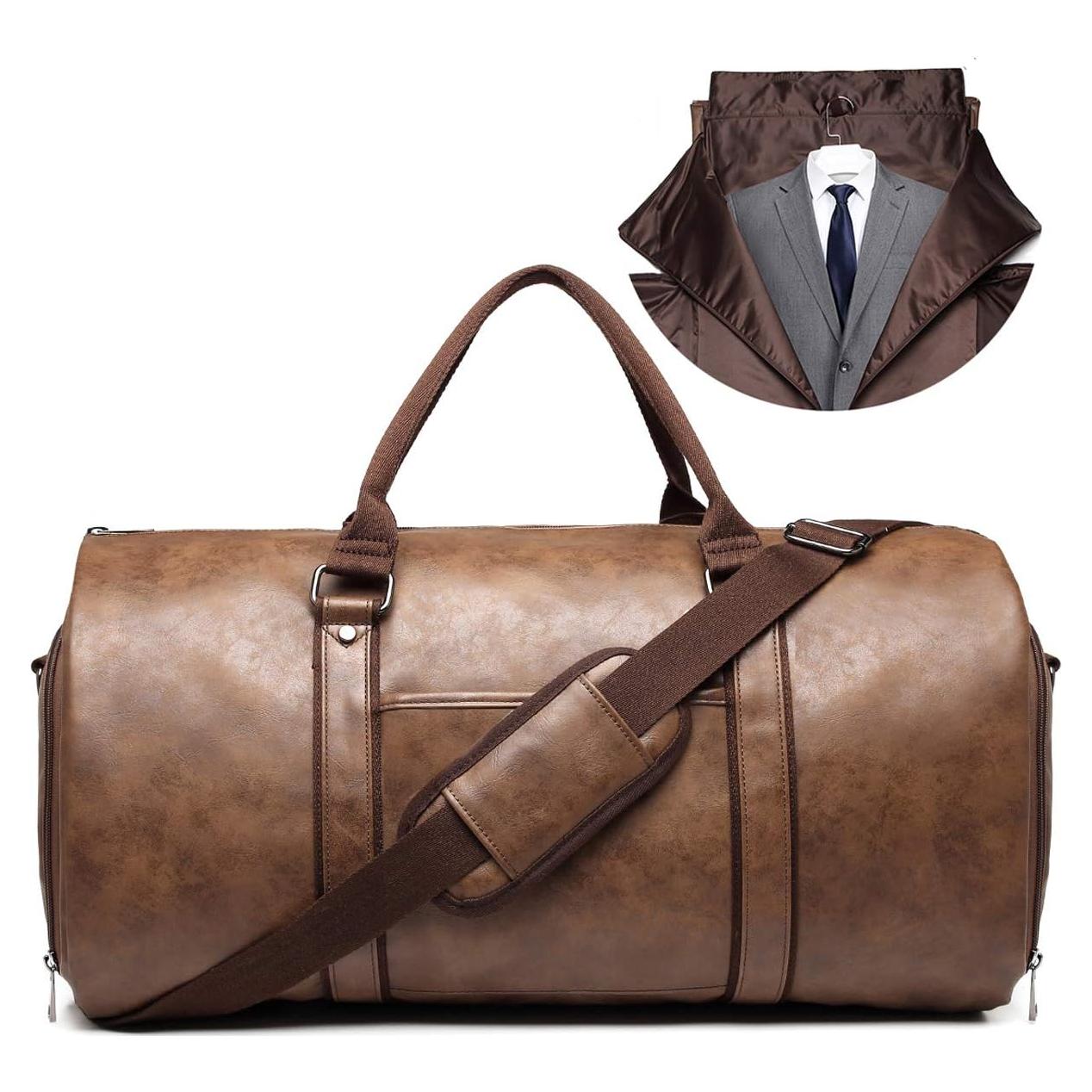 BOLOSTA Carry on Garment Bags for Travel Leather Garment Duffle Bag Convertible Mens Suit Travel Bags with Shoe Compartment,Waterproof,Perfect for Business Travel/Husband Gifts (Brown)