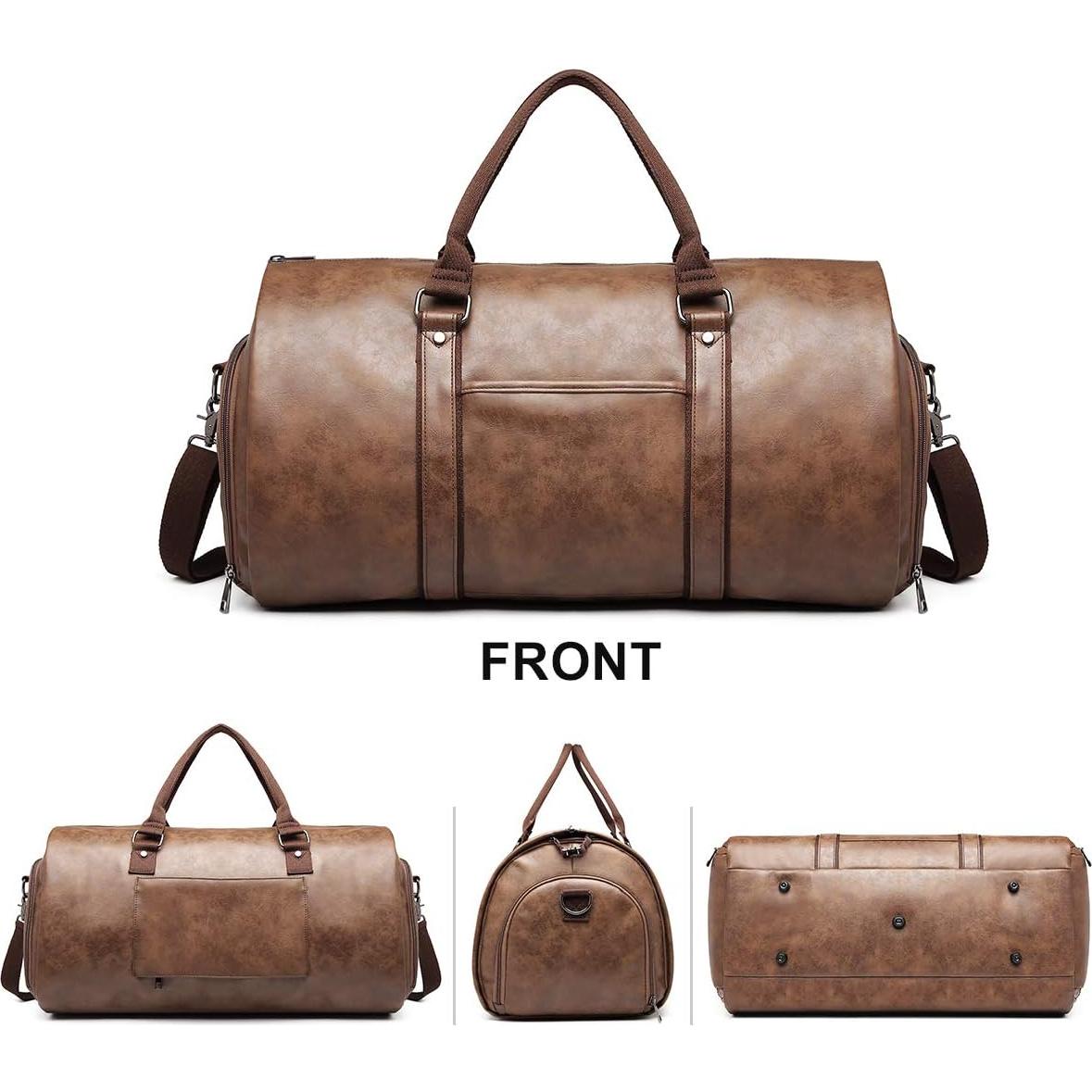 BOLOSTA Carry on Garment Bags for Travel Leather Garment Duffle Bag Convertible Mens Suit Travel Bags with Shoe Compartment,Waterproof,Perfect for Business Travel/Husband Gifts (Brown)