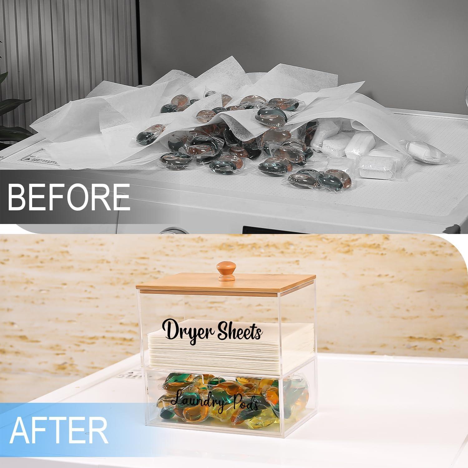 Organizador de Lavandería VOTLEVT Acrílico y Bambú 17.7x11.3x15.2cm