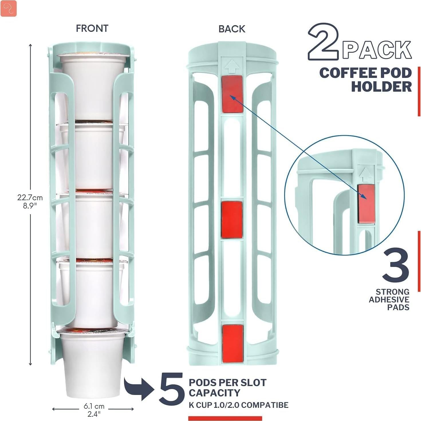 STORAGENIE K Cup Holder for Keurig, Coffee pod Storage, Side Mount | Wall Mount, Perfect for Small Counters (2 Rows/For 10 K Cups, OASIS BLUE)