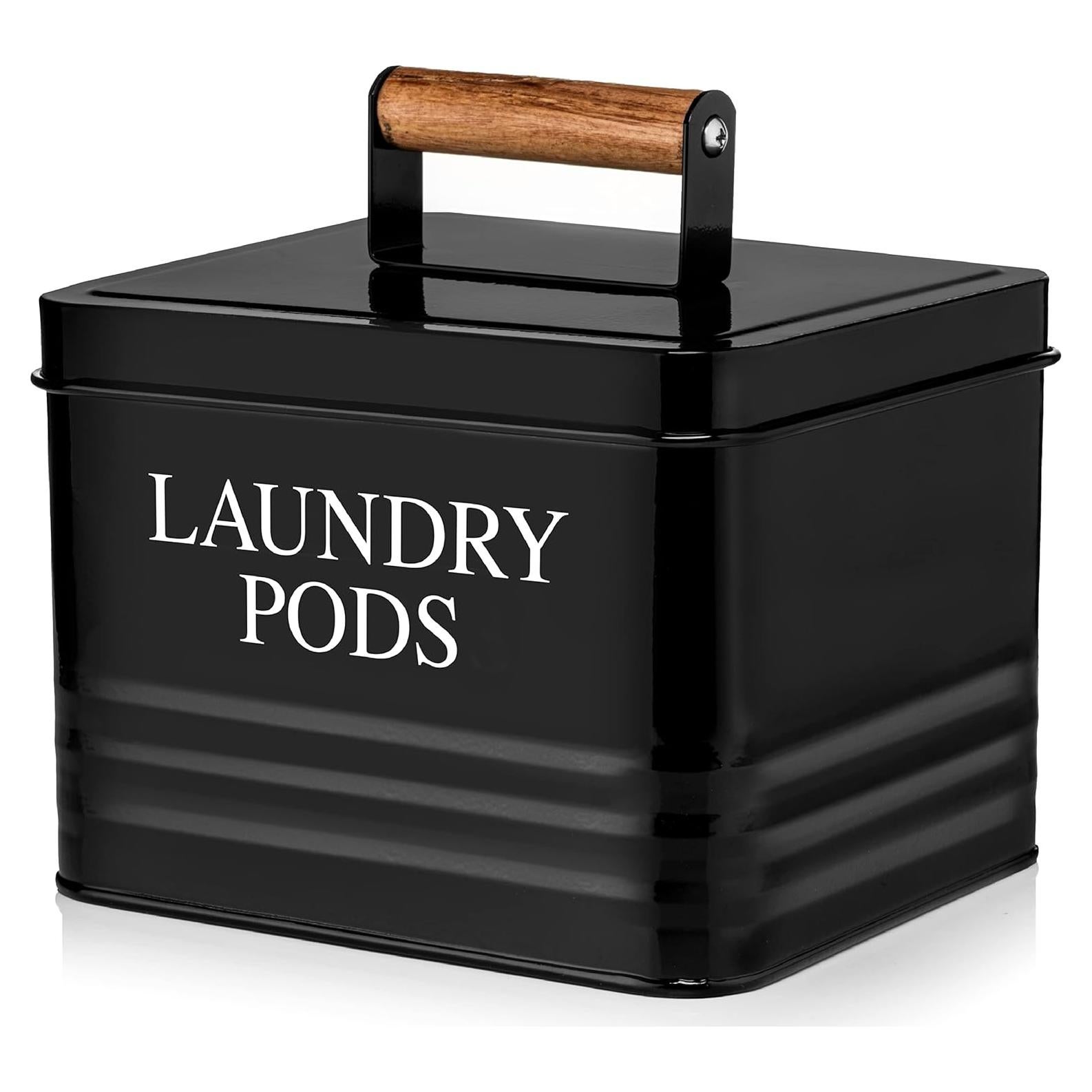 Calindiana Modern Farmhouse Metal Laundry Pods Holder with Lid - Space Saving Organization, Holds 81 Pods, Black