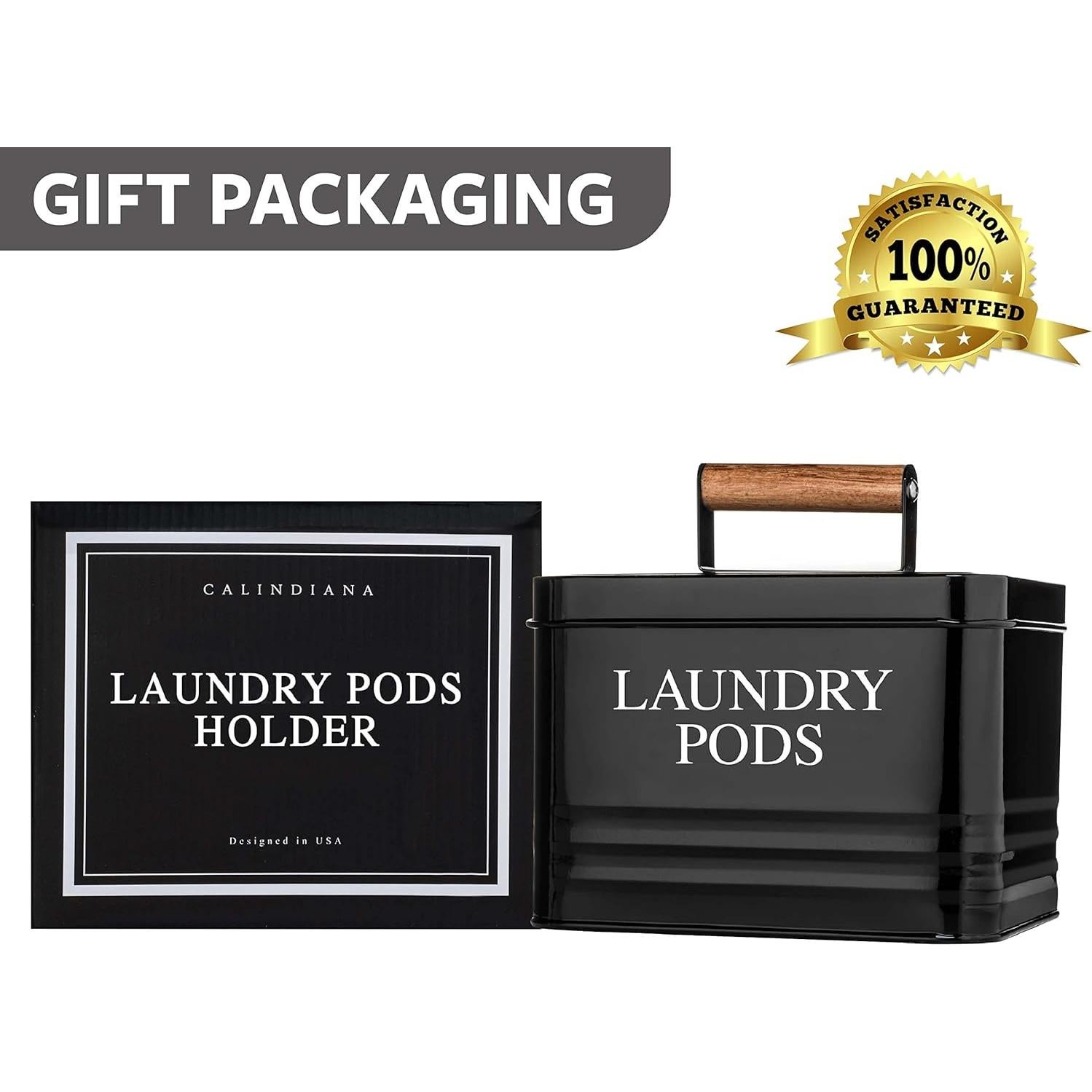 Calindiana Modern Farmhouse Metal Laundry Pods Holder with Lid - Space Saving Organization, Holds 81 Pods, Black