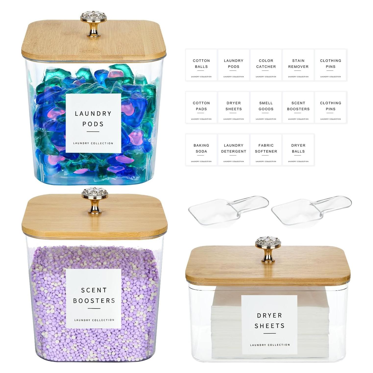 3 Pack Laundry Room Organization Storage Containers Acrylic Laundry Pod Containers and Dryer Sheet Holder with Lids and Labels for Laundry Detergent Laundry Pods Dry Sheet Organizing