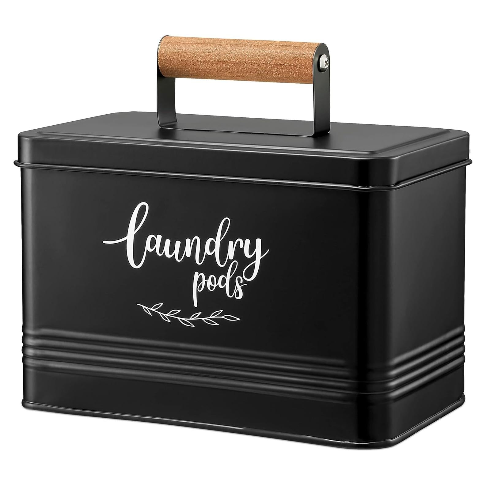 PERFNIQUE Laundry Pods Container, Farmhouse Laundry Pods Holder with Lid for Laundry Room Decor and Accessories, Metal Detergent Pods Container for Laundry Room Organization and Storage (Black, Pods)