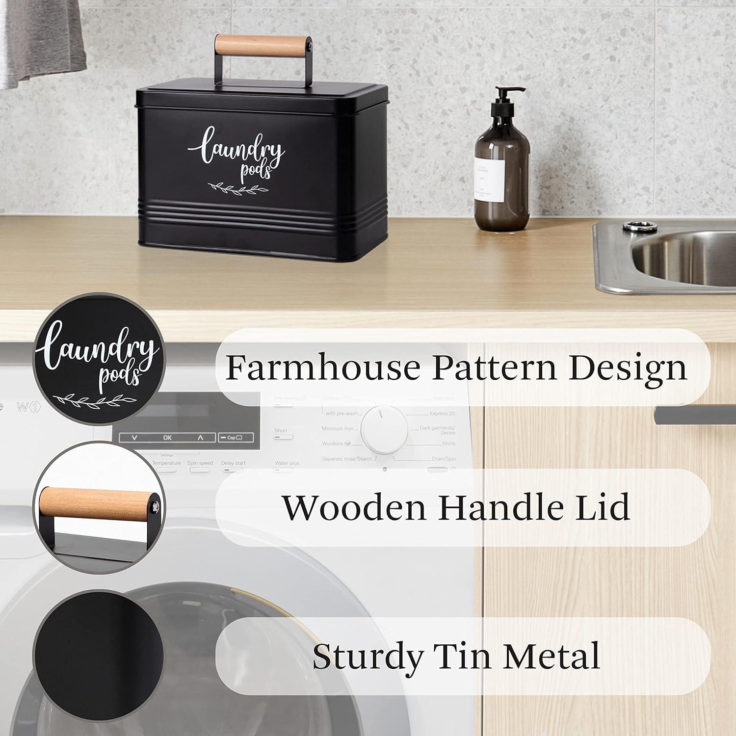 PERFNIQUE Laundry Pods Container, Farmhouse Laundry Pods Holder with Lid for Laundry Room Decor and Accessories, Metal Detergent Pods Container for Laundry Room Organization and Storage (Black, Pods)