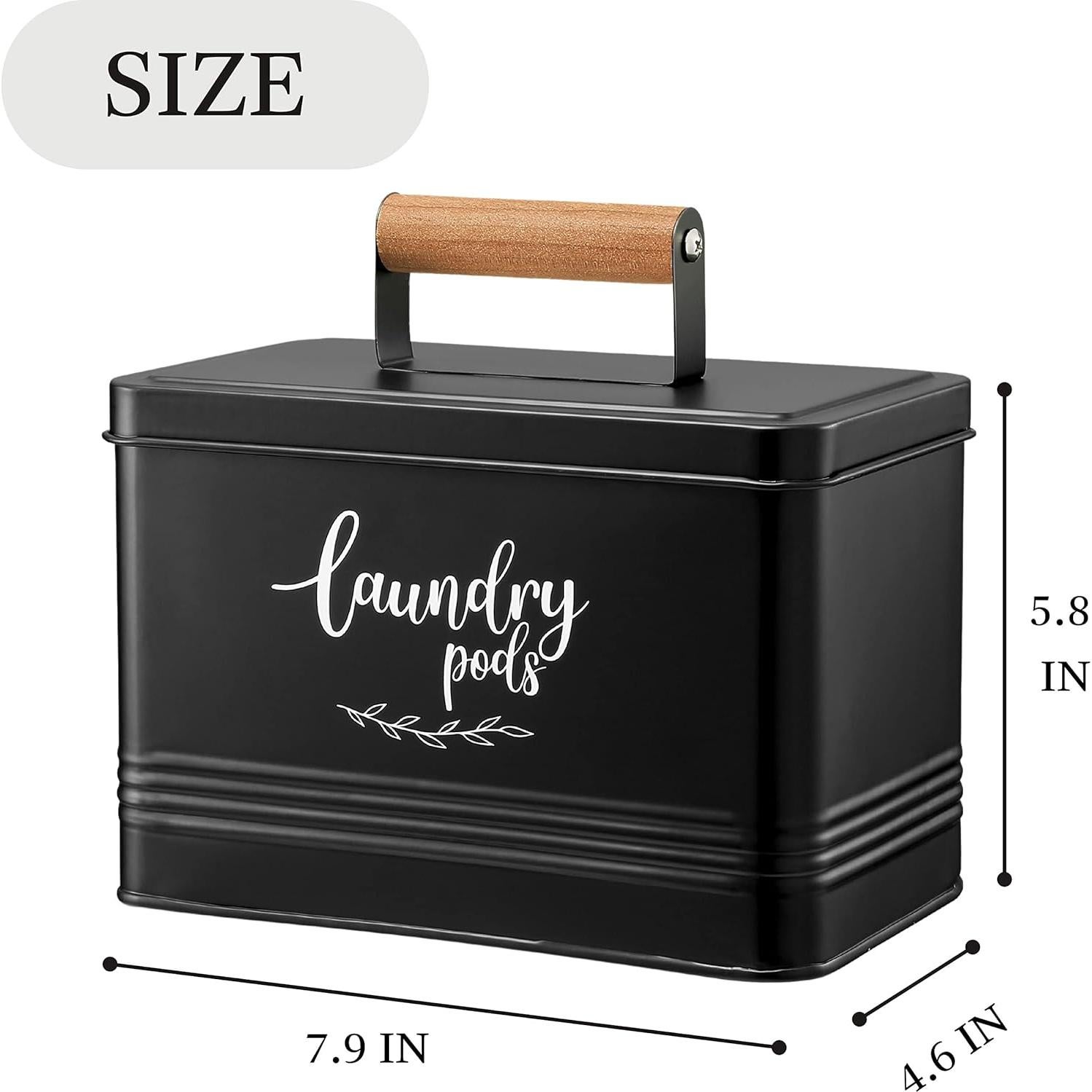 PERFNIQUE Laundry Pods Container, Farmhouse Laundry Pods Holder with Lid for Laundry Room Decor and Accessories, Metal Detergent Pods Container for Laundry Room Organization and Storage (Black, Pods)