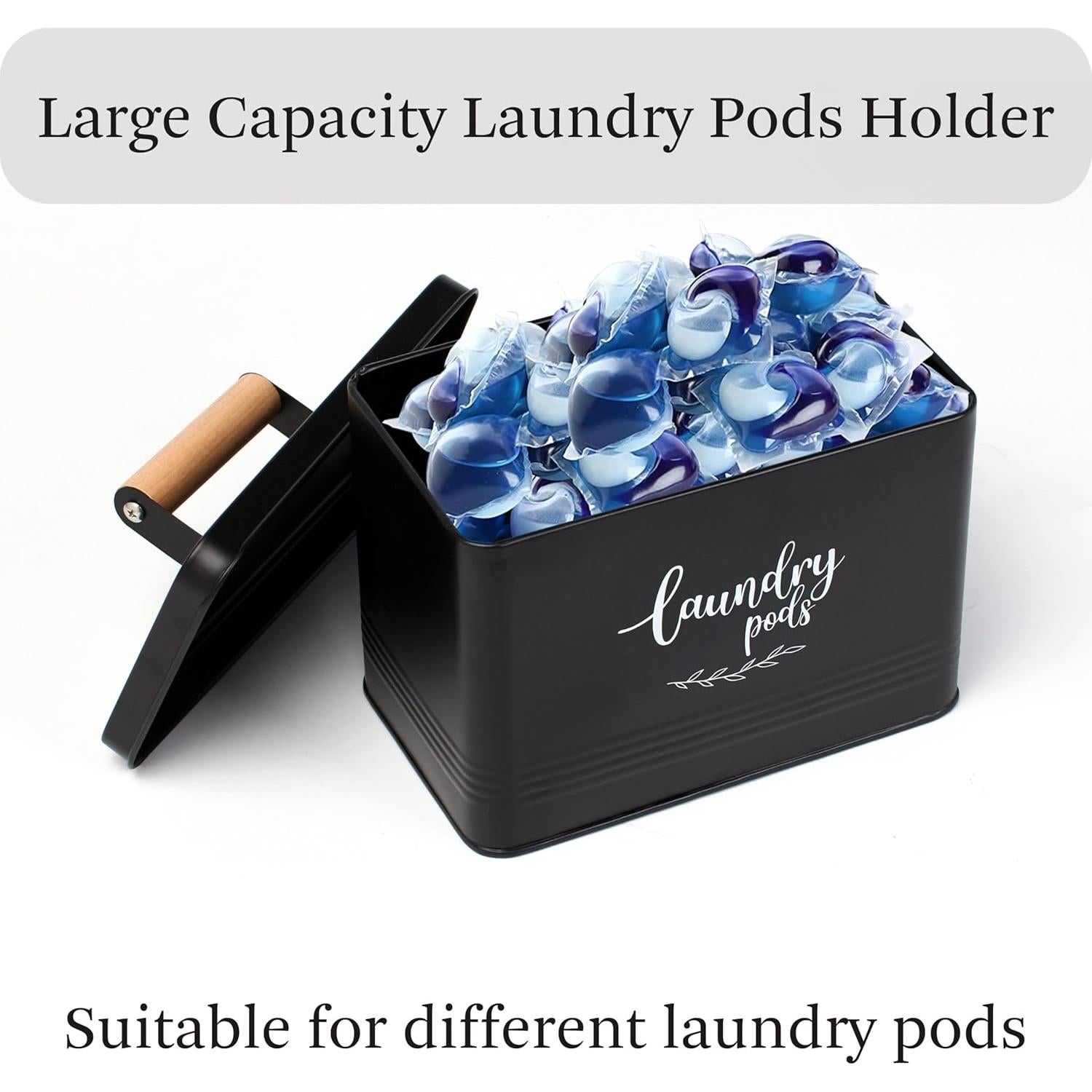 PERFNIQUE Laundry Pods Container, Farmhouse Laundry Pods Holder with Lid for Laundry Room Decor and Accessories, Metal Detergent Pods Container for Laundry Room Organization and Storage (Black, Pods)
