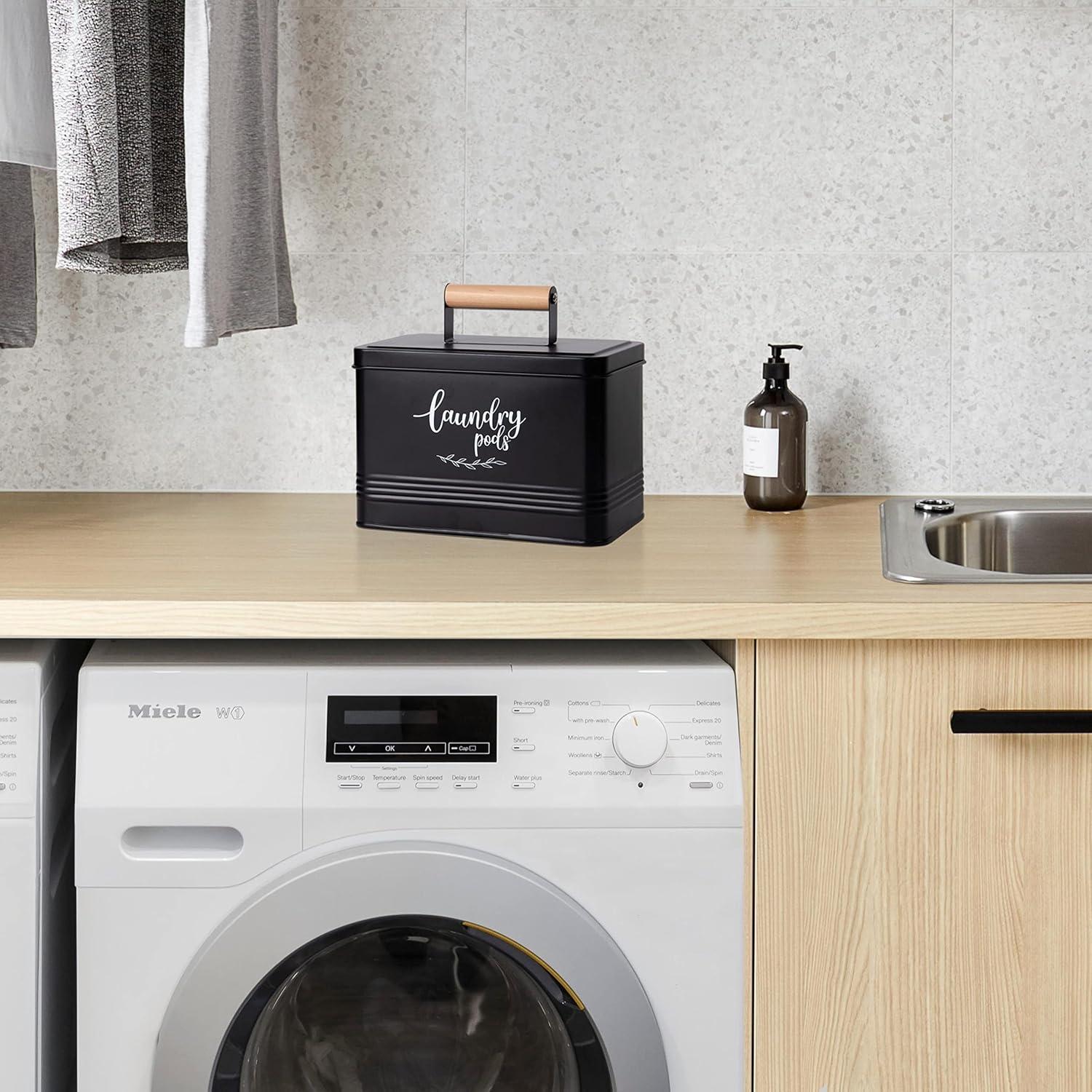 PERFNIQUE Laundry Pods Container, Farmhouse Laundry Pods Holder with Lid for Laundry Room Decor and Accessories, Metal Detergent Pods Container for Laundry Room Organization and Storage (Black, Pods)