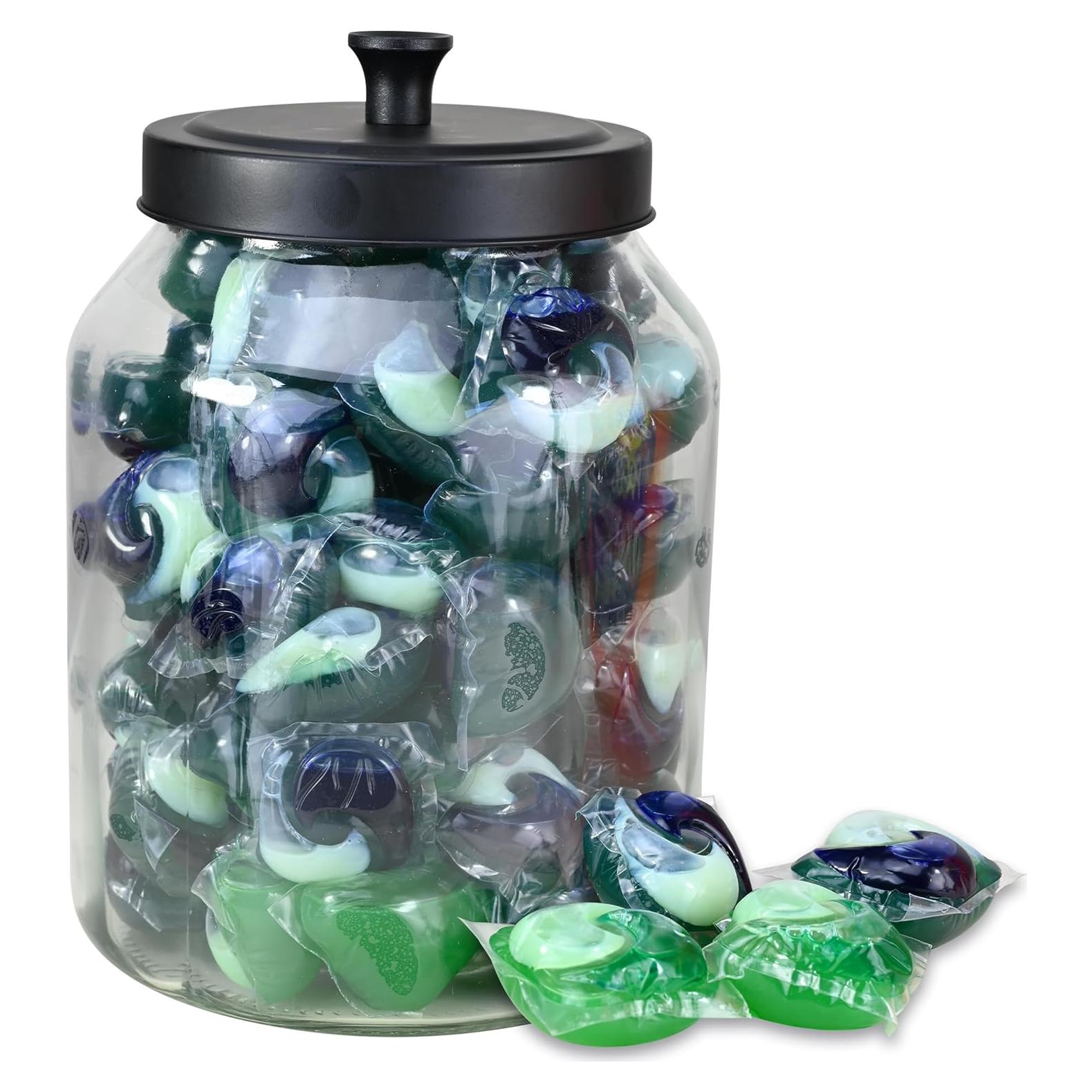 TidyFriend Glass Laundry Pod Container Jar with Lid, Laundry Pod Storage Container for Laundry Room Organization (Clean Jar with Black Lid)