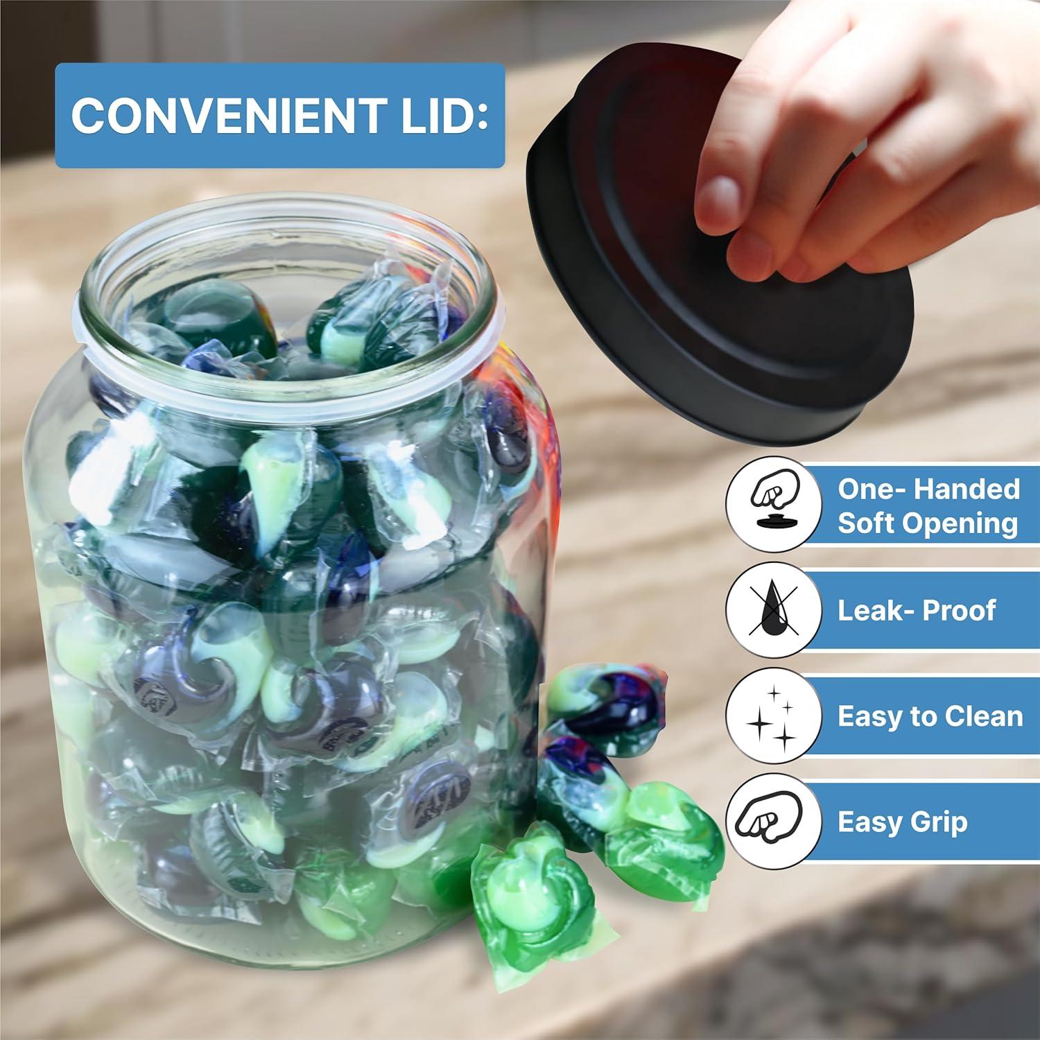 TidyFriend Glass Laundry Pod Container Jar with Lid, Laundry Pod Storage Container for Laundry Room Organization (Clean Jar with Black Lid)