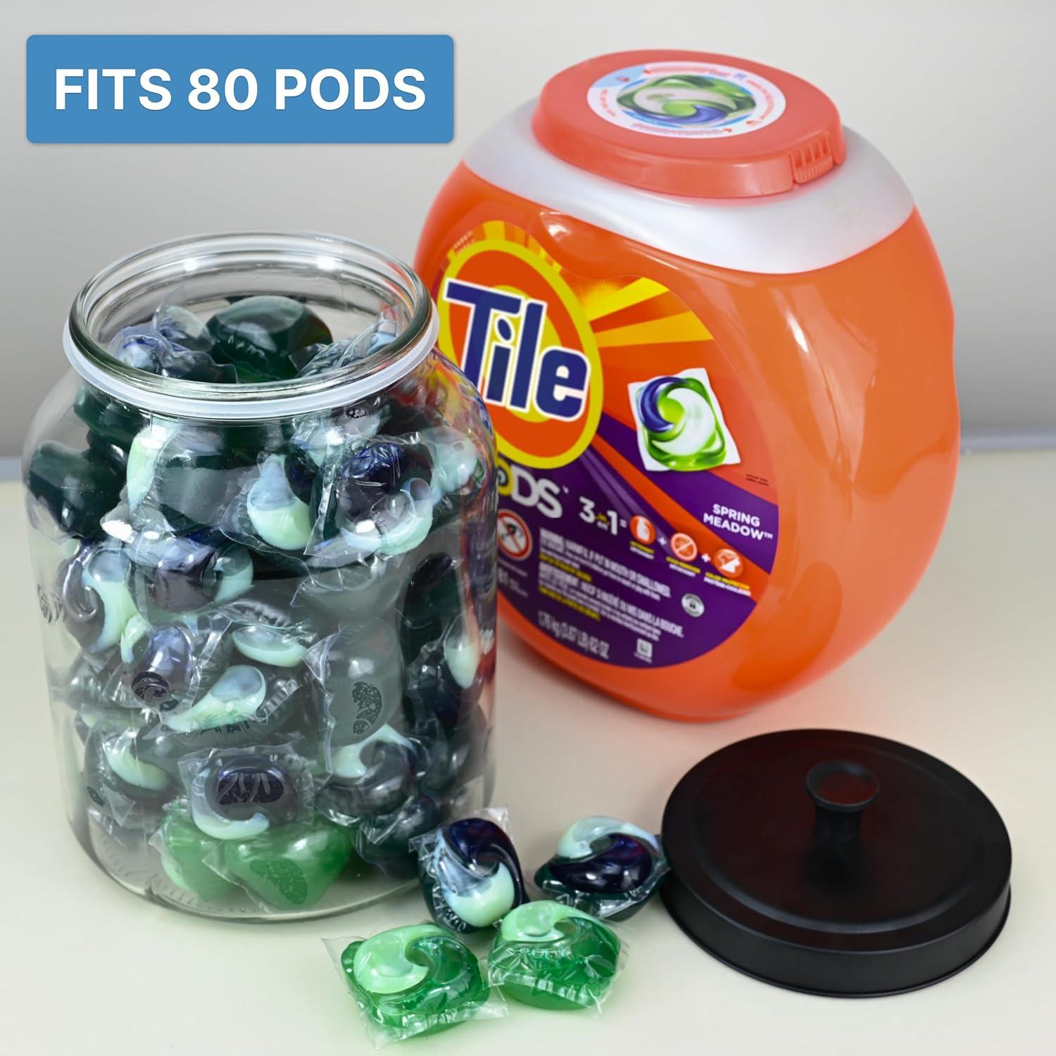TidyFriend Glass Laundry Pod Container Jar with Lid, Laundry Pod Storage Container for Laundry Room Organization (Clean Jar with Black Lid)