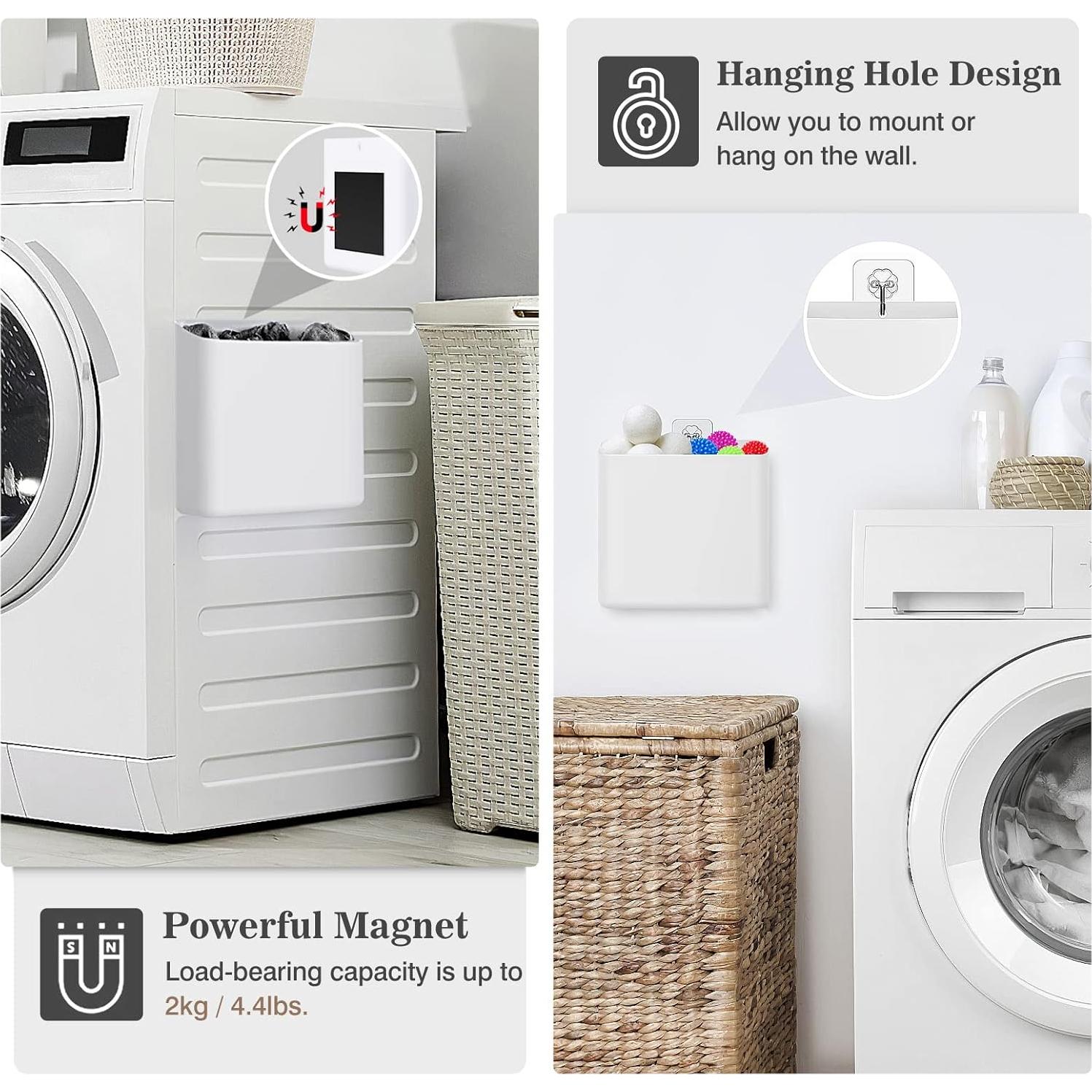 MoKo Magnetic Lint Bin for Laundry Room, Bathroom Washer Saving Container Hanging Widen Storage Holder Orgainzer Basket Wall Mount Trash Can for Detergent Pods Dryer Softener Balls Dryer Sheet, White