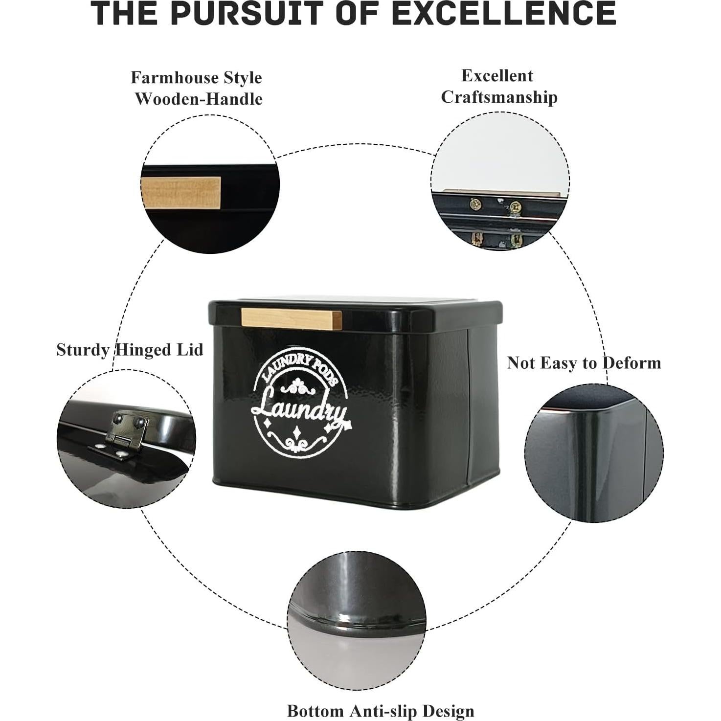 Contenedor de Cápsulas de Lavandería SACREDAY - Metal Negro con Tapa Abatible