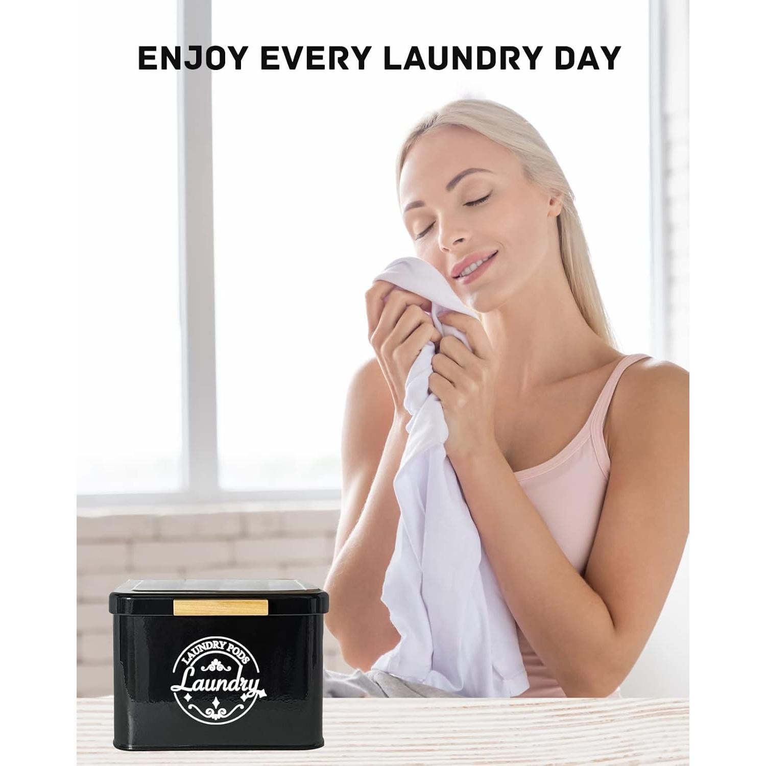 Contenedor de Cápsulas de Lavandería SACREDAY - Metal Negro con Tapa Abatible