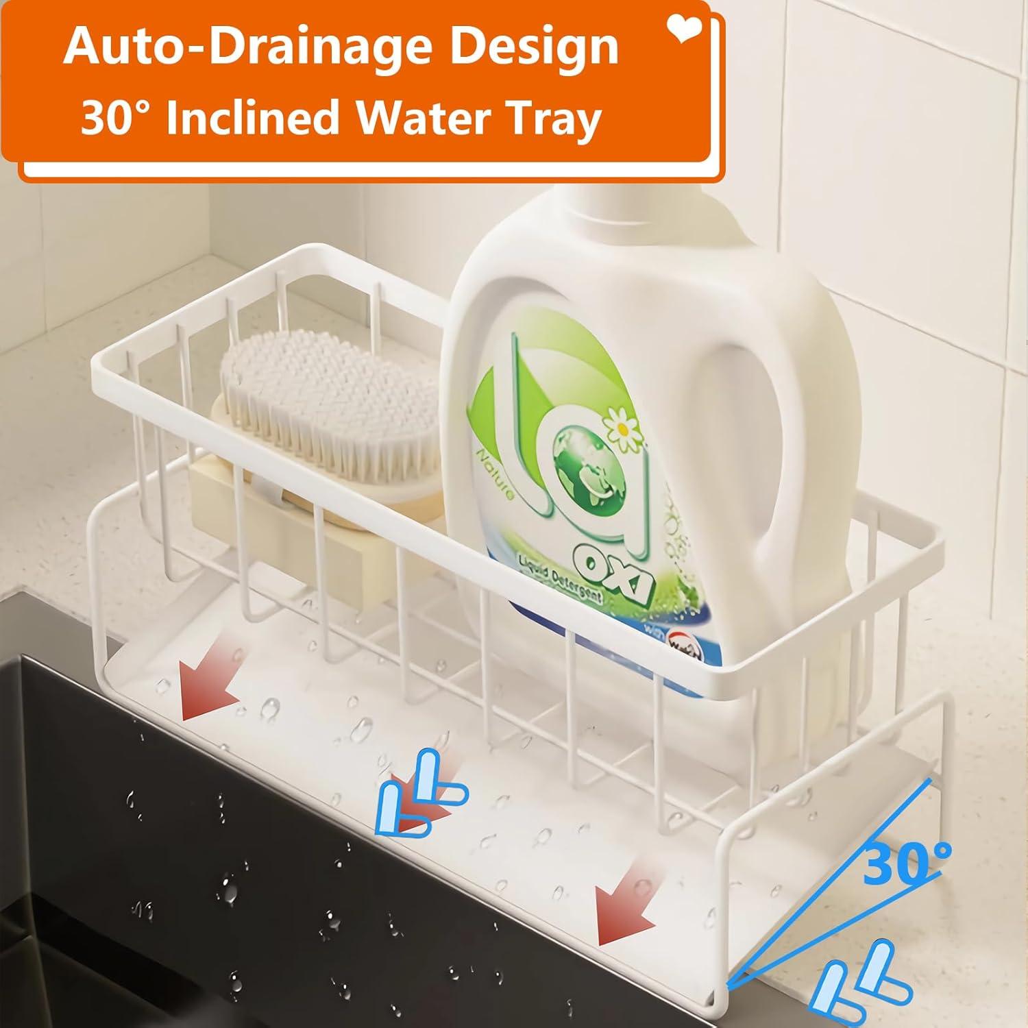Kitchen Sink Organizer Caddy,CIT ZCFYU Stainless Steel Sink Caddy Sponge Holder 30°Tilt Self-Drainage, Sponge Rack with Dish Brush Holder, Removable Rag Rack for Kitchen Storage,9.1x4.1x3.5 Inch White