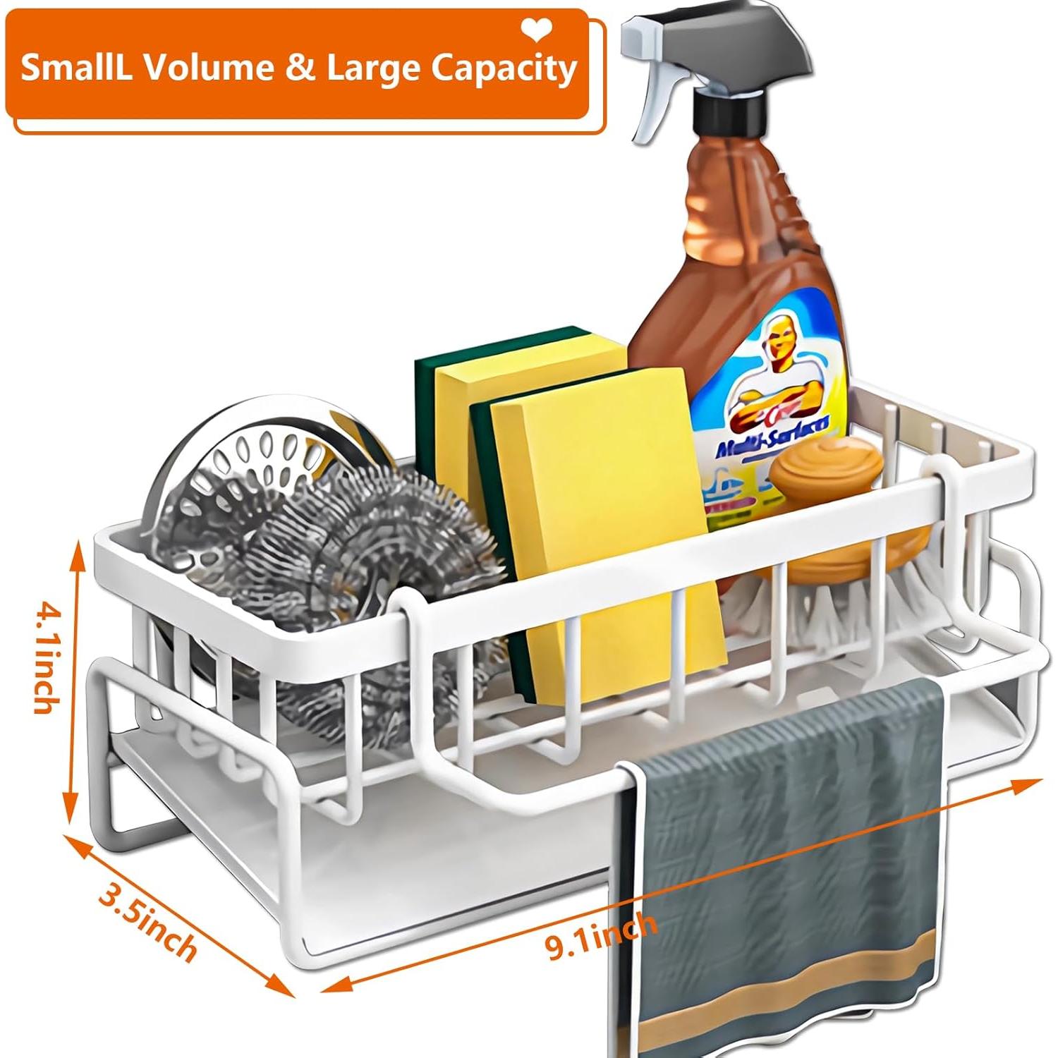 Kitchen Sink Organizer Caddy,CIT ZCFYU Stainless Steel Sink Caddy Sponge Holder 30°Tilt Self-Drainage, Sponge Rack with Dish Brush Holder, Removable Rag Rack for Kitchen Storage,9.1x4.1x3.5 Inch White