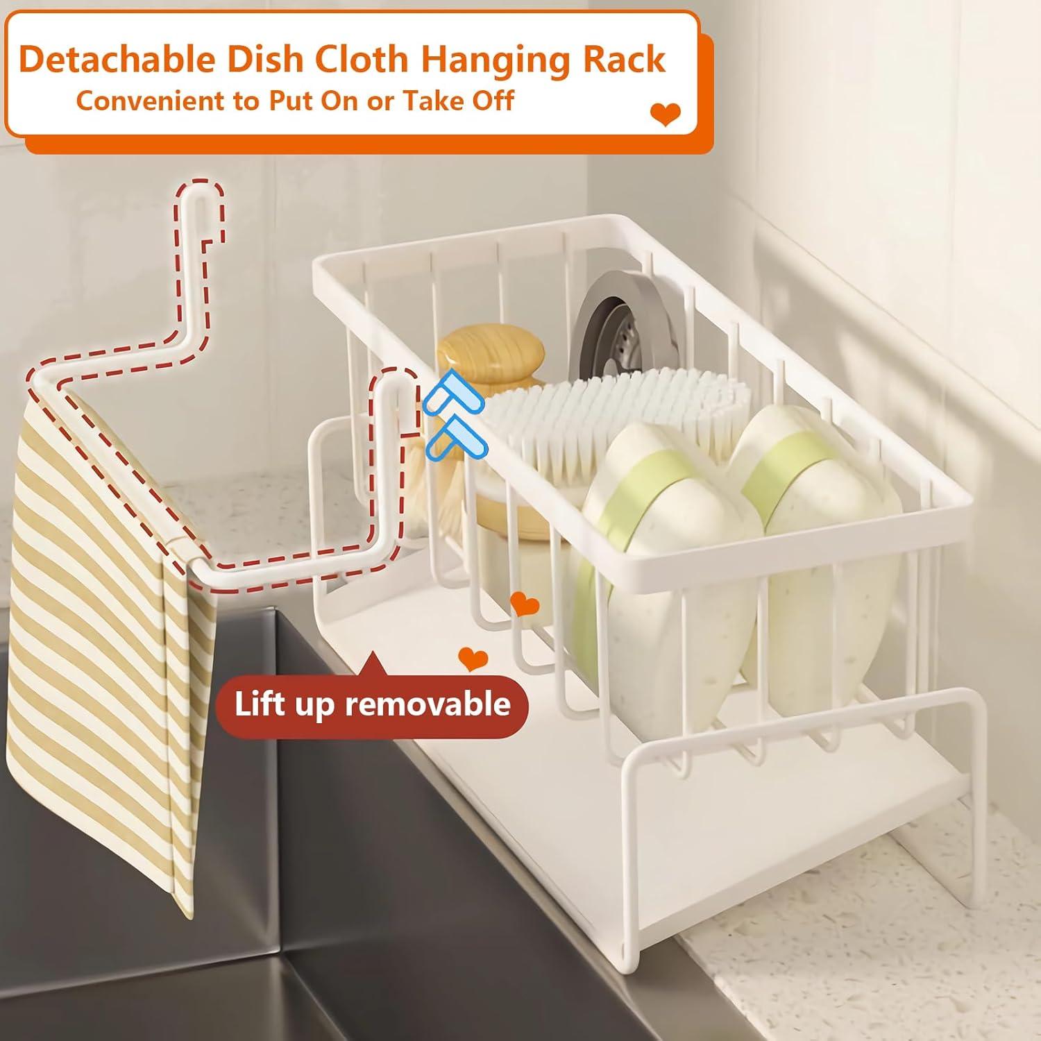 Kitchen Sink Organizer Caddy,CIT ZCFYU Stainless Steel Sink Caddy Sponge Holder 30°Tilt Self-Drainage, Sponge Rack with Dish Brush Holder, Removable Rag Rack for Kitchen Storage,9.1x4.1x3.5 Inch White