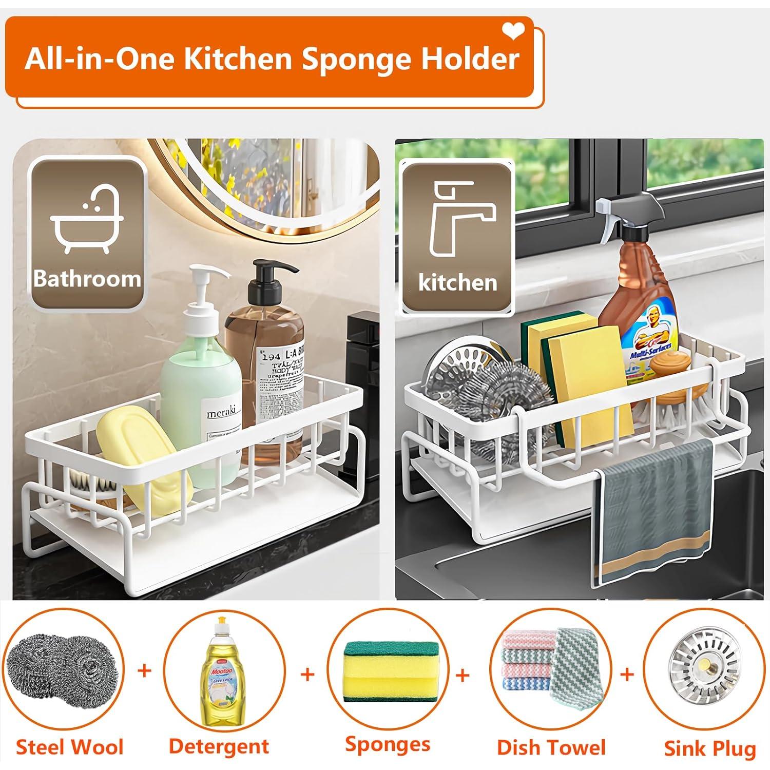 Kitchen Sink Organizer Caddy,CIT ZCFYU Stainless Steel Sink Caddy Sponge Holder 30°Tilt Self-Drainage, Sponge Rack with Dish Brush Holder, Removable Rag Rack for Kitchen Storage,9.1x4.1x3.5 Inch White