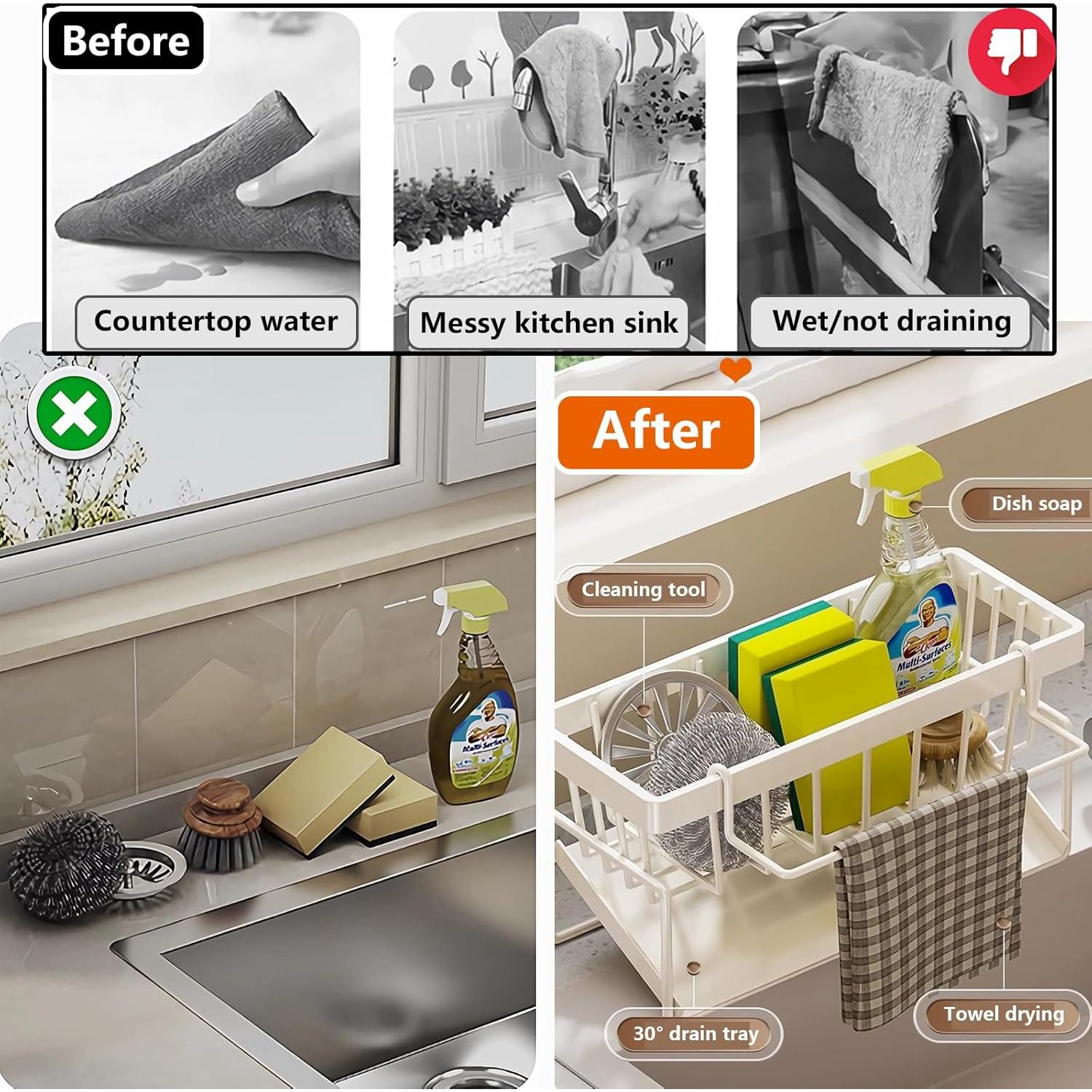 Kitchen Sink Organizer Caddy,CIT ZCFYU Stainless Steel Sink Caddy Sponge Holder 30°Tilt Self-Drainage, Sponge Rack with Dish Brush Holder, Removable Rag Rack for Kitchen Storage,9.1x4.1x3.5 Inch White