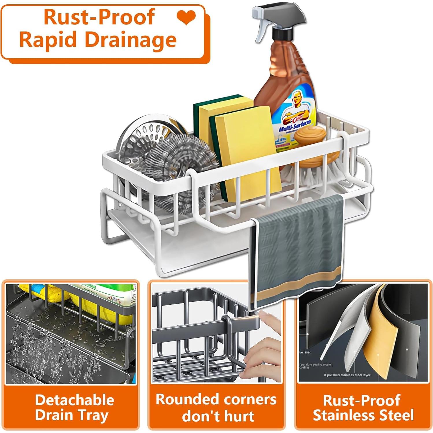 Kitchen Sink Organizer Caddy,CIT ZCFYU Stainless Steel Sink Caddy Sponge Holder 30°Tilt Self-Drainage, Sponge Rack with Dish Brush Holder, Removable Rag Rack for Kitchen Storage,9.1x4.1x3.5 Inch White