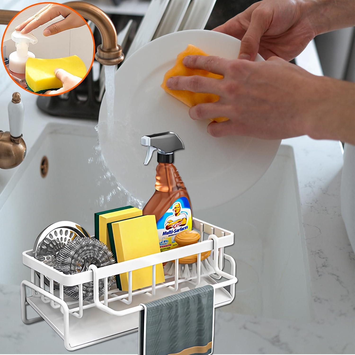 Kitchen Sink Organizer Caddy,CIT ZCFYU Stainless Steel Sink Caddy Sponge Holder 30°Tilt Self-Drainage, Sponge Rack with Dish Brush Holder, Removable Rag Rack for Kitchen Storage,9.1x4.1x3.5 Inch White