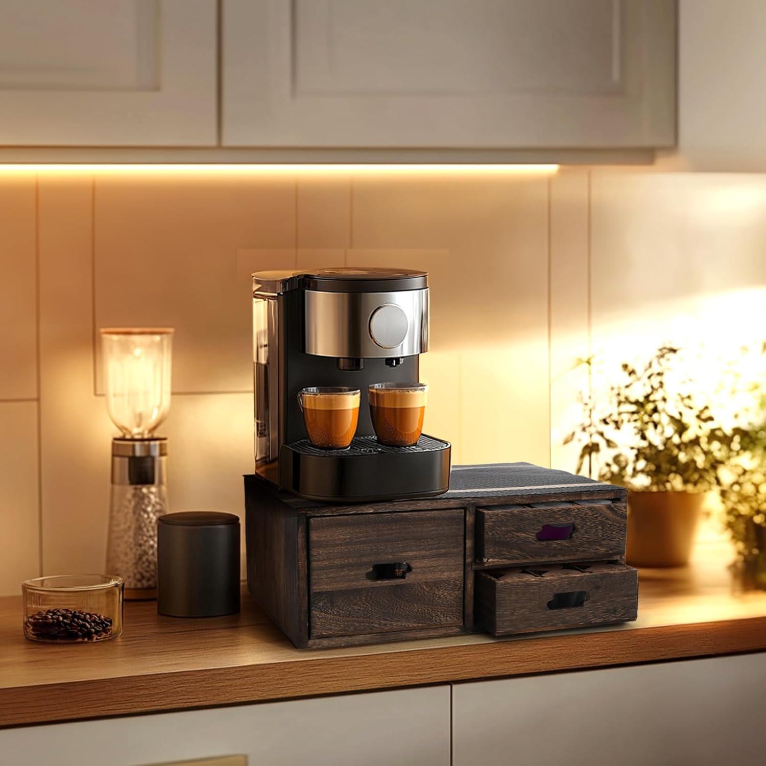 Caja organizadora de cápsulas de café Yopay, 3 cajones madera