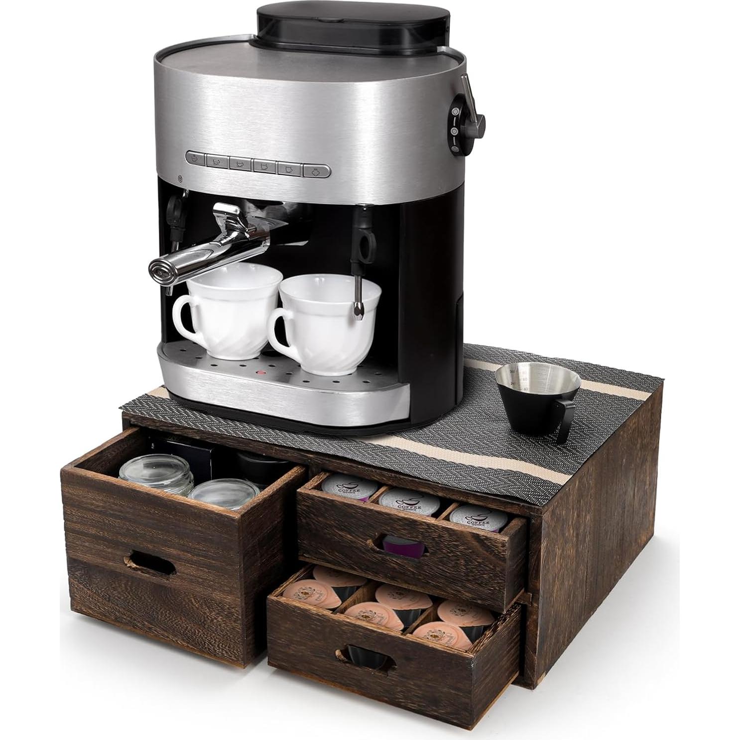 Caja organizadora de cápsulas de café Yopay, 3 cajones madera