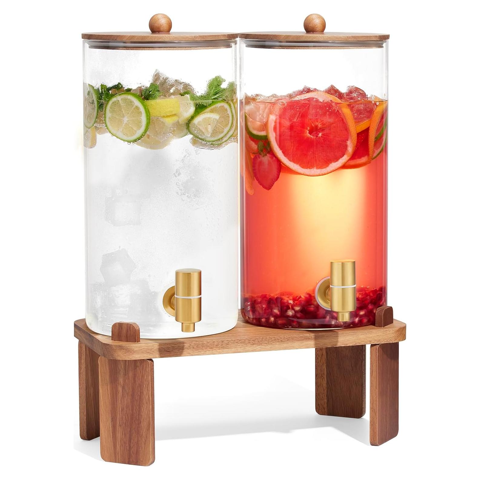 2 PCS 1.5 Gallon Drink dispenser, Glass Beverage Dispenser With Wood Stand, Large Water Drink Dispensers for Parties With Stainless Steel Spigot, Ideal for Lemonade,Juice, Tea, and Party Drinks