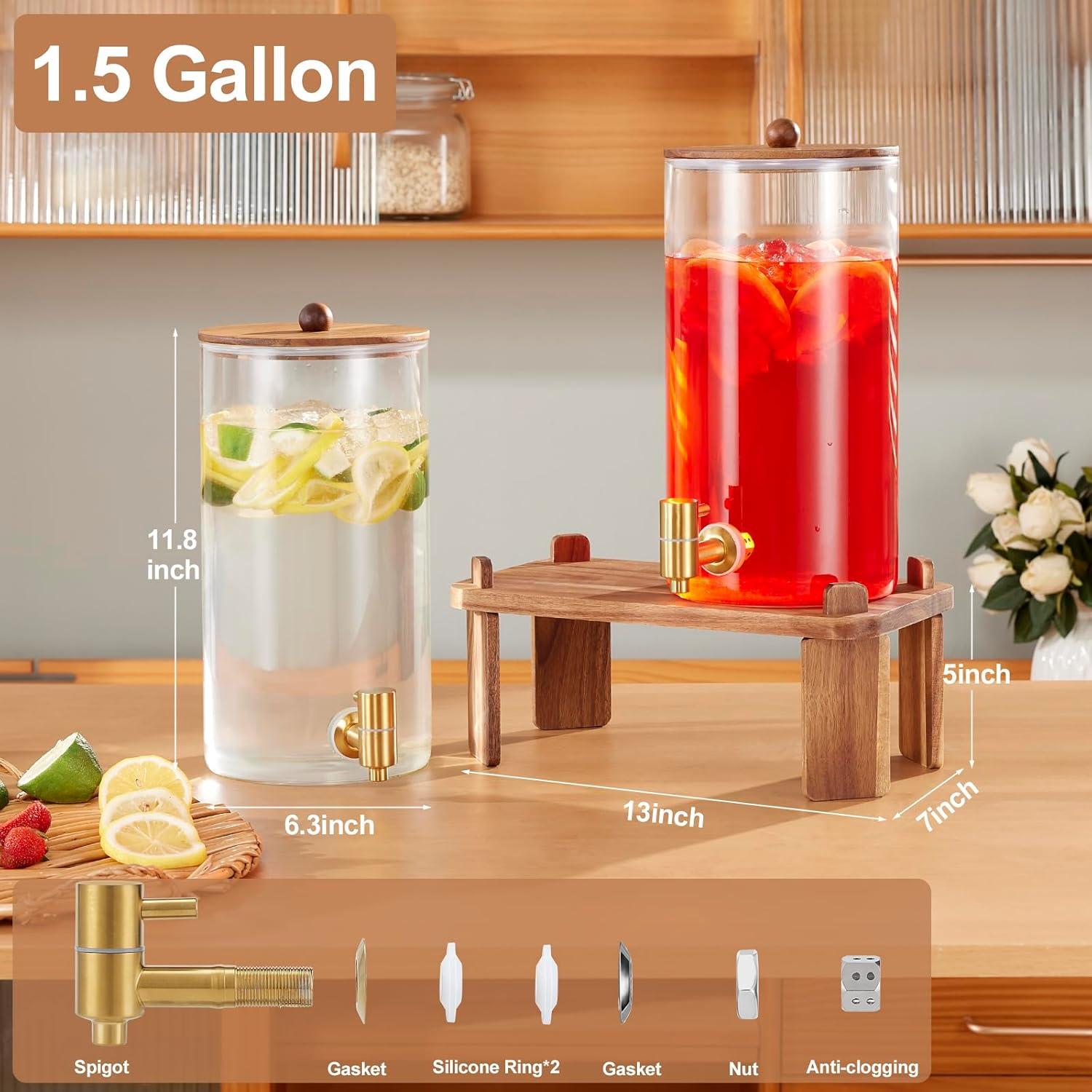 2 PCS 1.5 Gallon Drink dispenser, Glass Beverage Dispenser With Wood Stand, Large Water Drink Dispensers for Parties With Stainless Steel Spigot, Ideal for Lemonade,Juice, Tea, and Party Drinks