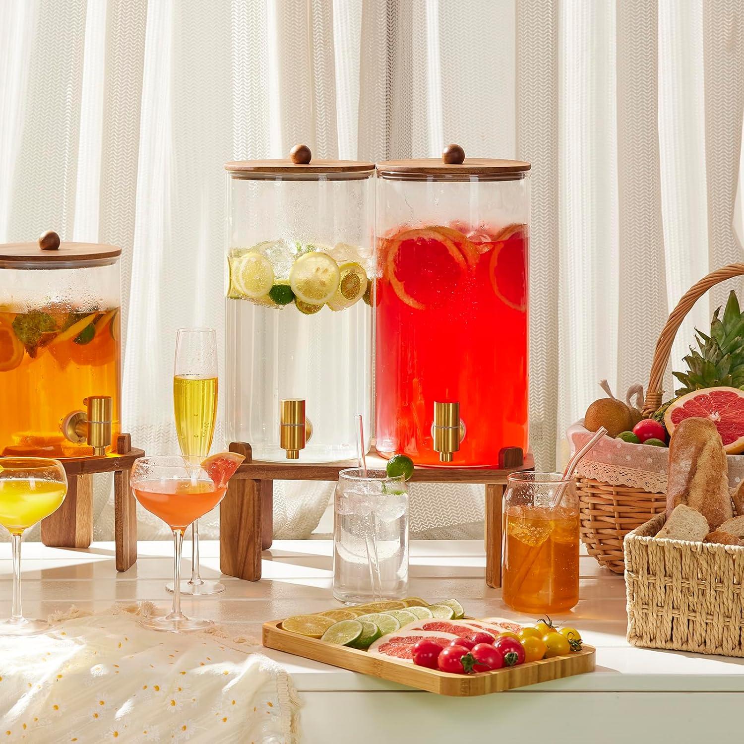 2 PCS 1.5 Gallon Drink dispenser, Glass Beverage Dispenser With Wood Stand, Large Water Drink Dispensers for Parties With Stainless Steel Spigot, Ideal for Lemonade,Juice, Tea, and Party Drinks