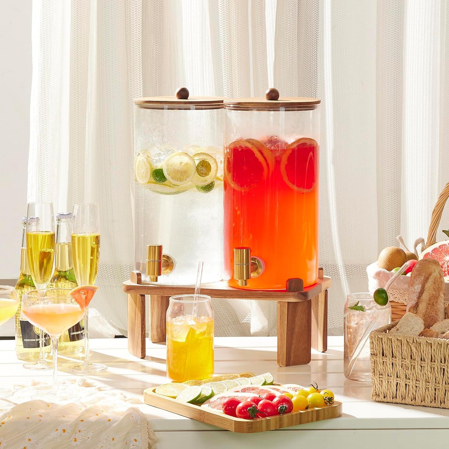 2 PCS 1.5 Gallon Drink dispenser, Glass Beverage Dispenser With Wood Stand, Large Water Drink Dispensers for Parties With Stainless Steel Spigot, Ideal for Lemonade,Juice, Tea, and Party Drinks