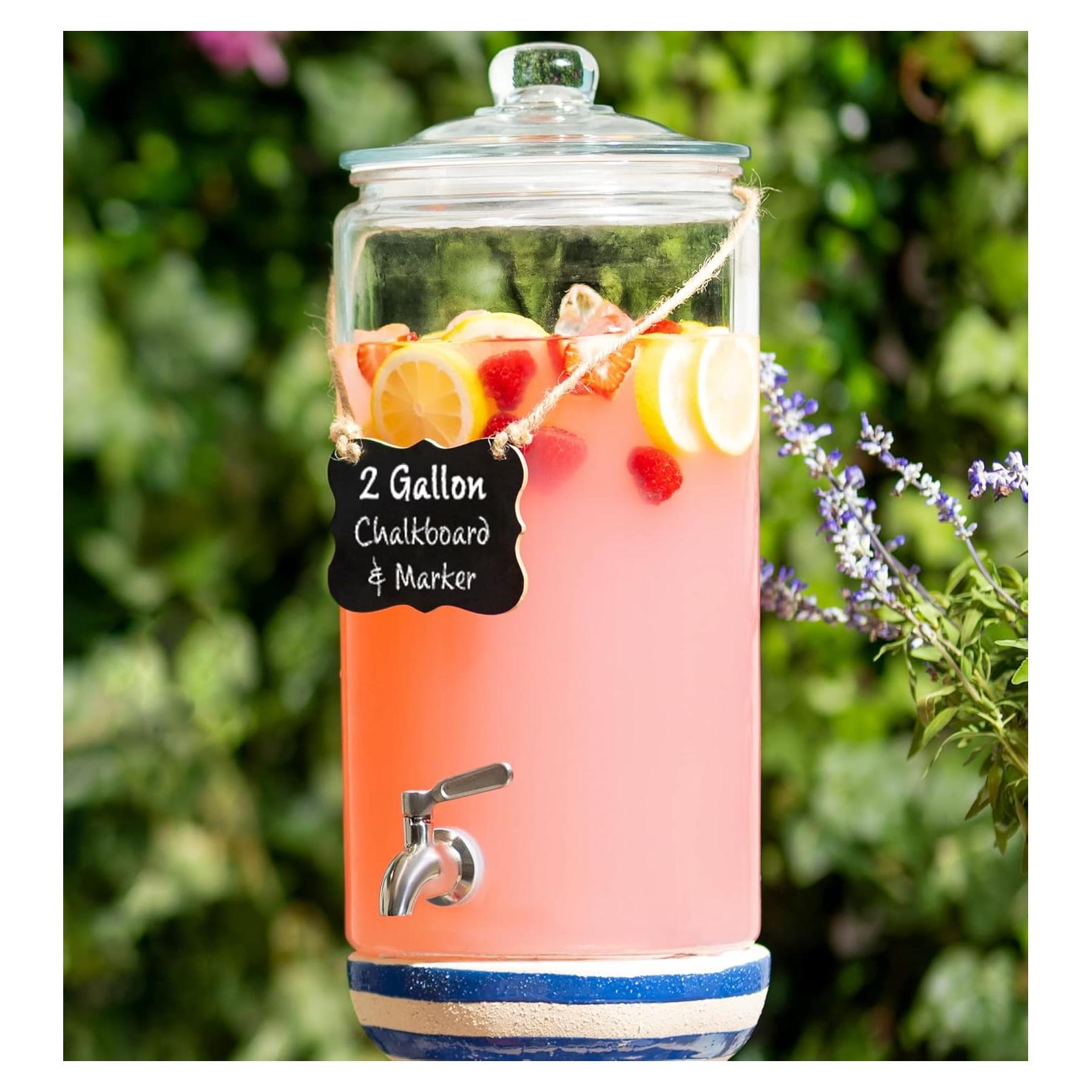 2 Gallon Beverage Dispenser with Stainless Steel Spigot + Marker & Chalkboard 100% Leakproof Glass Drink Dispenser for Parties with Spout, Airtight Beverage Serveware for Water Juice Laundry