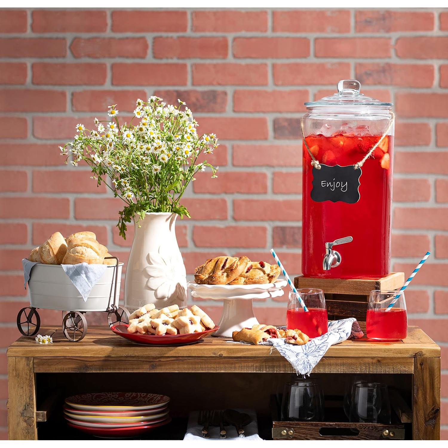 2 Gallon Beverage Dispenser with Stainless Steel Spigot + Marker & Chalkboard 100% Leakproof Glass Drink Dispenser for Parties with Spout, Airtight Beverage Serveware for Water Juice Laundry