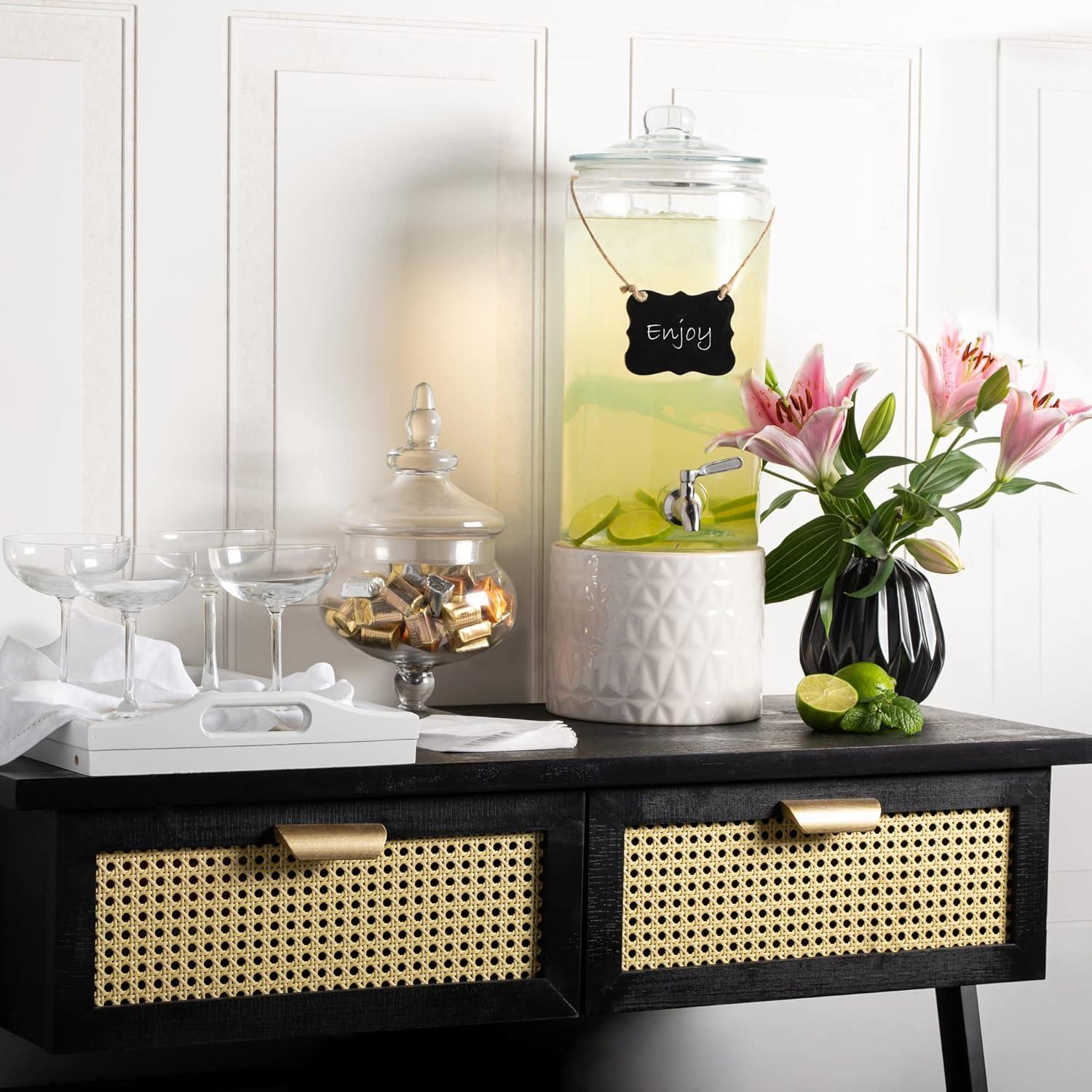 2 Gallon Beverage Dispenser with Stainless Steel Spigot + Marker & Chalkboard 100% Leakproof Glass Drink Dispenser for Parties with Spout, Airtight Beverage Serveware for Water Juice Laundry