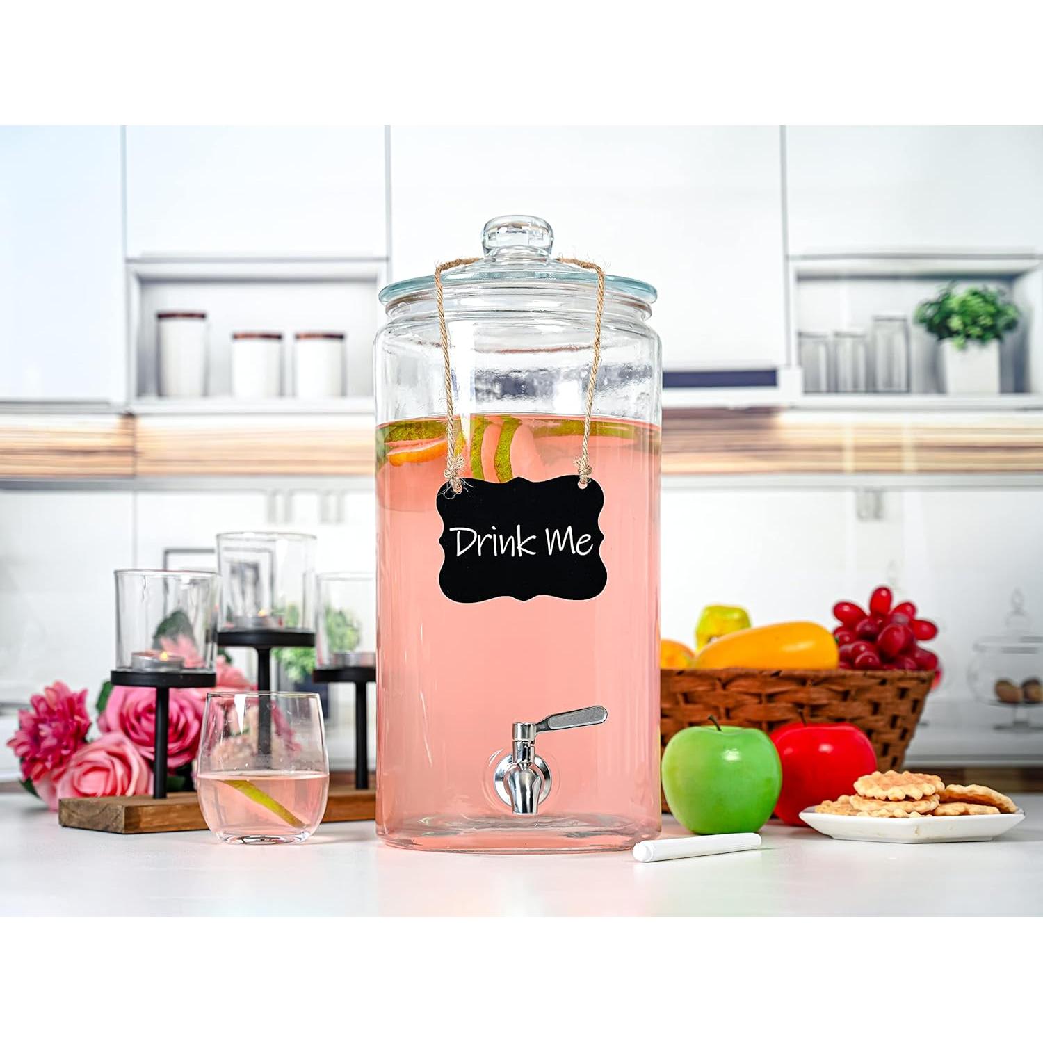 2 Gallon Beverage Dispenser with Stainless Steel Spigot + Marker & Chalkboard 100% Leakproof Glass Drink Dispenser for Parties with Spout, Airtight Beverage Serveware for Water Juice Laundry