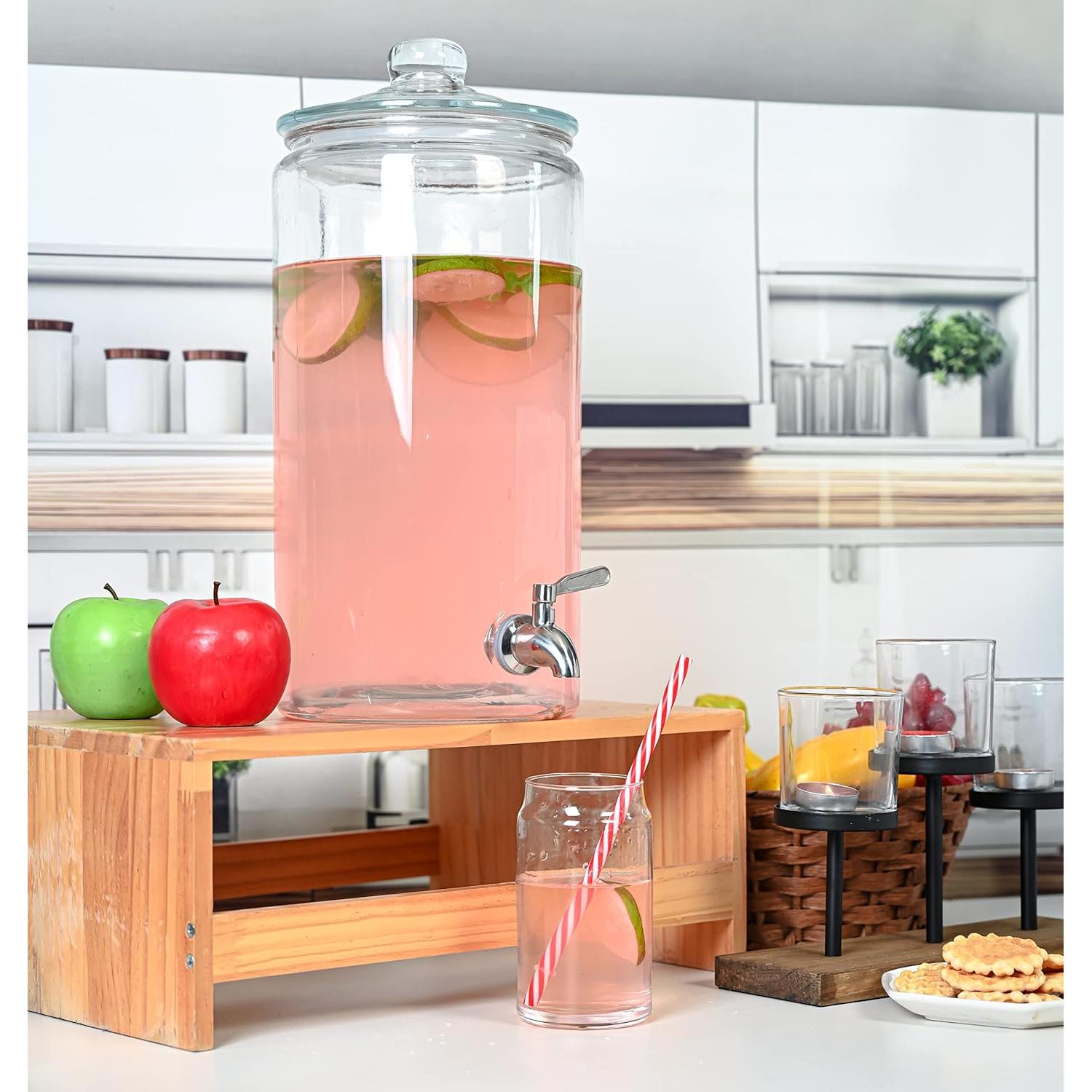 2 Gallon Beverage Dispenser with Stainless Steel Spigot + Marker & Chalkboard 100% Leakproof Glass Drink Dispenser for Parties with Spout, Airtight Beverage Serveware for Water Juice Laundry