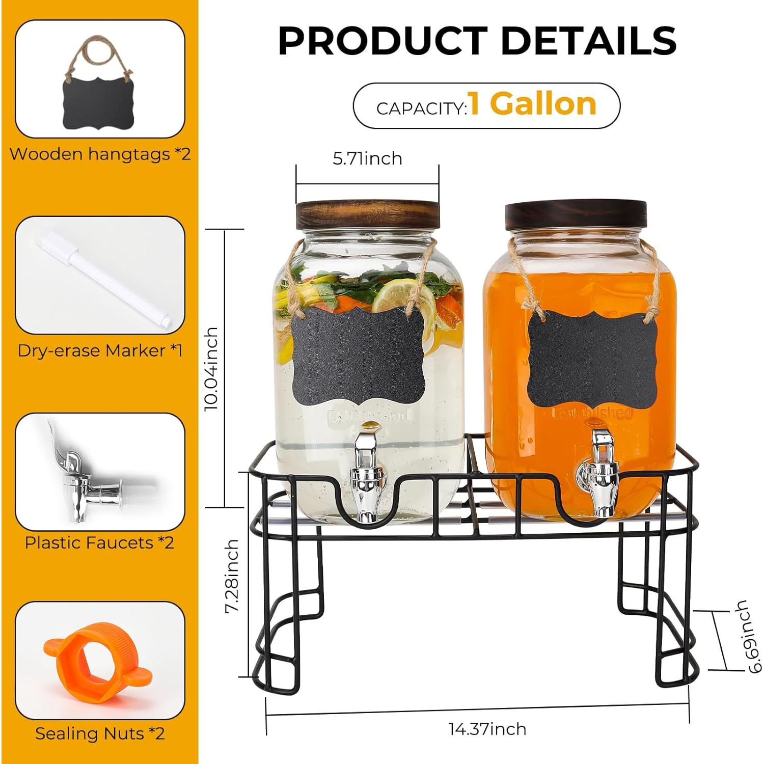 Glass Drink Dispensers For Parties, 2 PACK 1 Gallon Beverage Dispenser With Wooden Lids, Metal Stand And Spigot 100% Leak proof. Lemonade Dispenser With Chalk board