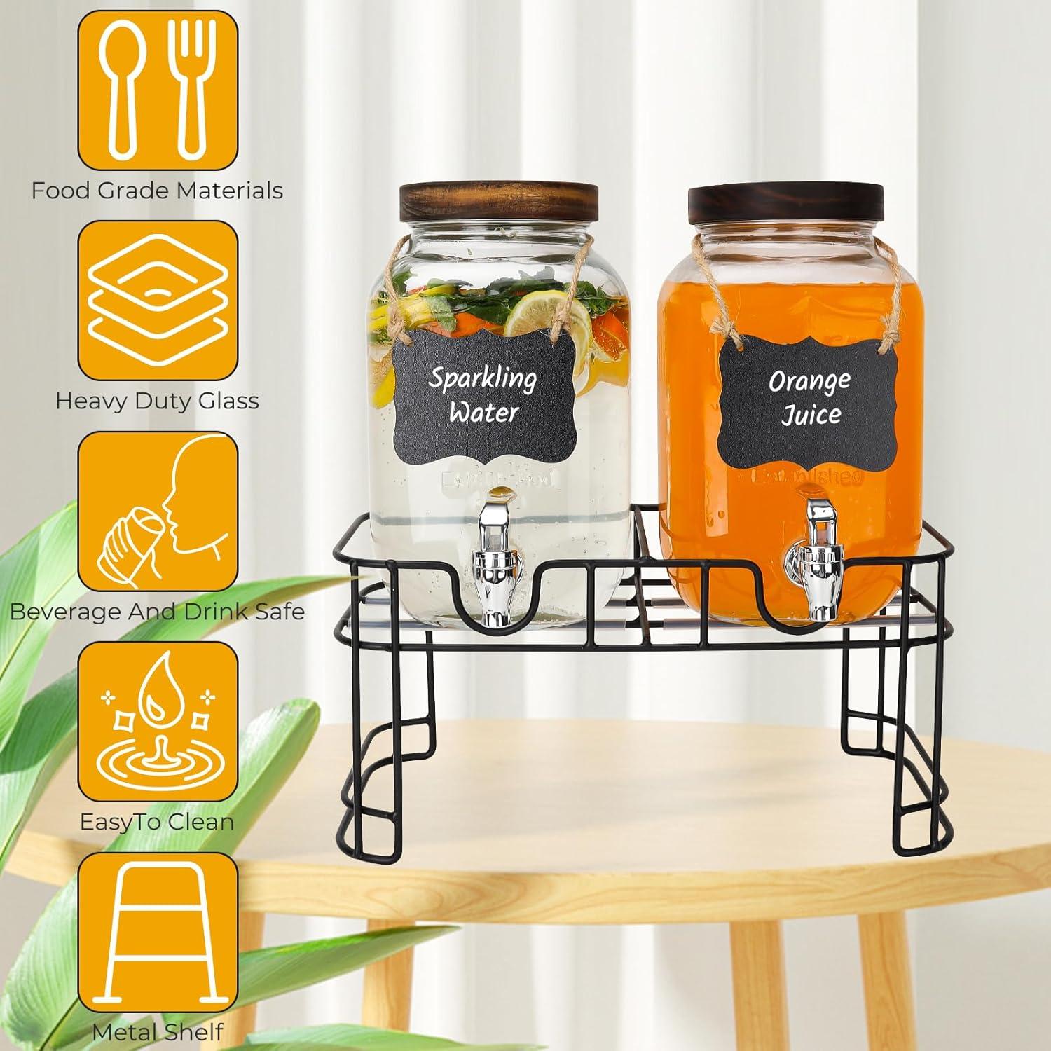 Glass Drink Dispensers For Parties, 2 PACK 1 Gallon Beverage Dispenser With Wooden Lids, Metal Stand And Spigot 100% Leak proof. Lemonade Dispenser With Chalk board