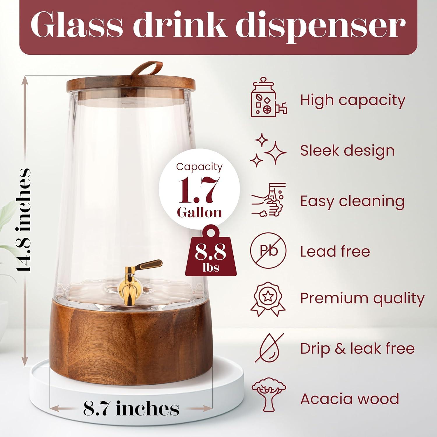 Dispensador de Bebidas de Vidrio Foodle 6.51L con Grifo de Acero Inoxidable