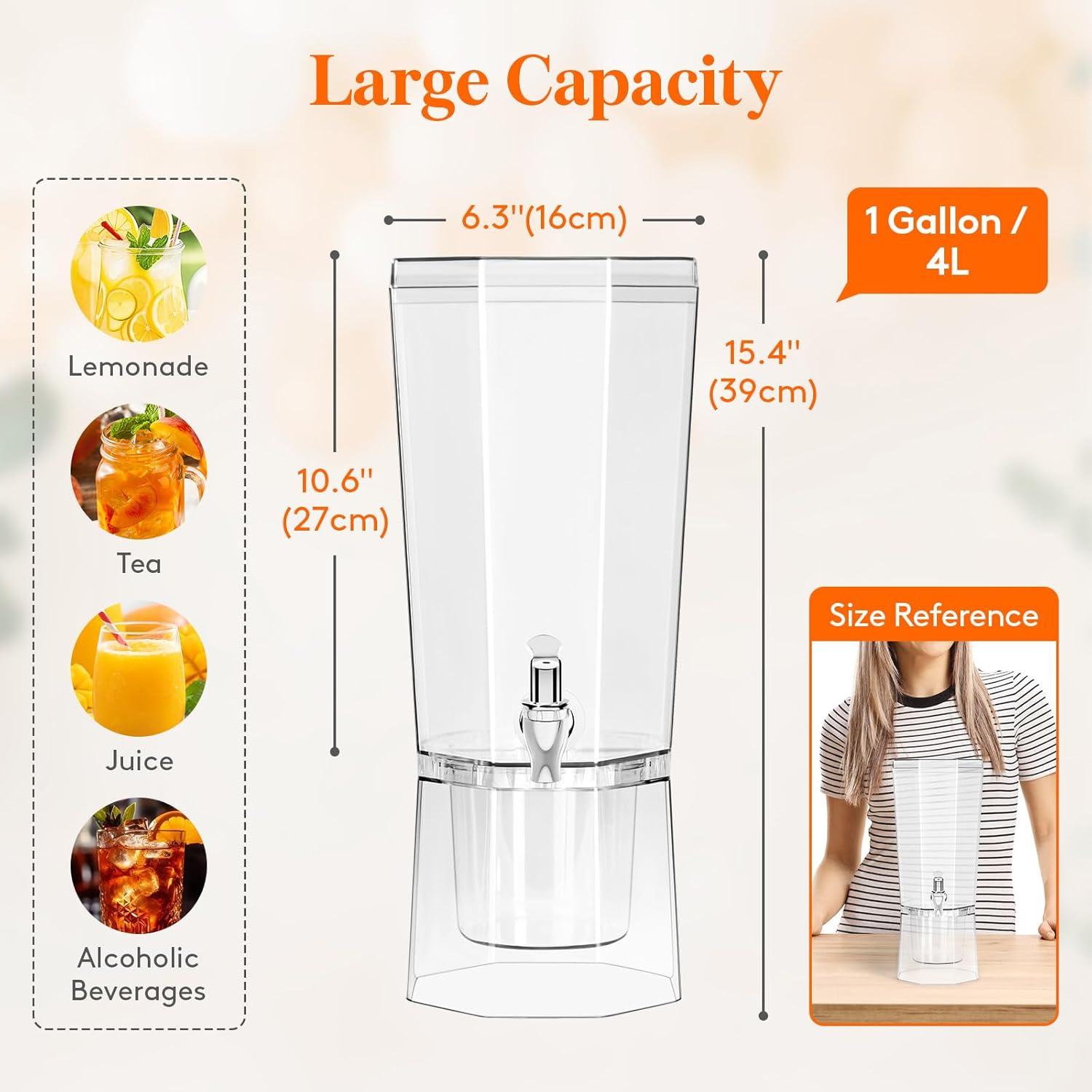 Lifewit 1 Gallon (128 OZ) Drink Dispensers for Parties 2 Pcs, 4L Plastic Beverage Containers with Stand for Juice/Tea/Soda/Water, Clear Ice Lemonade Dispensers with Lid & Leak-proof Spigot