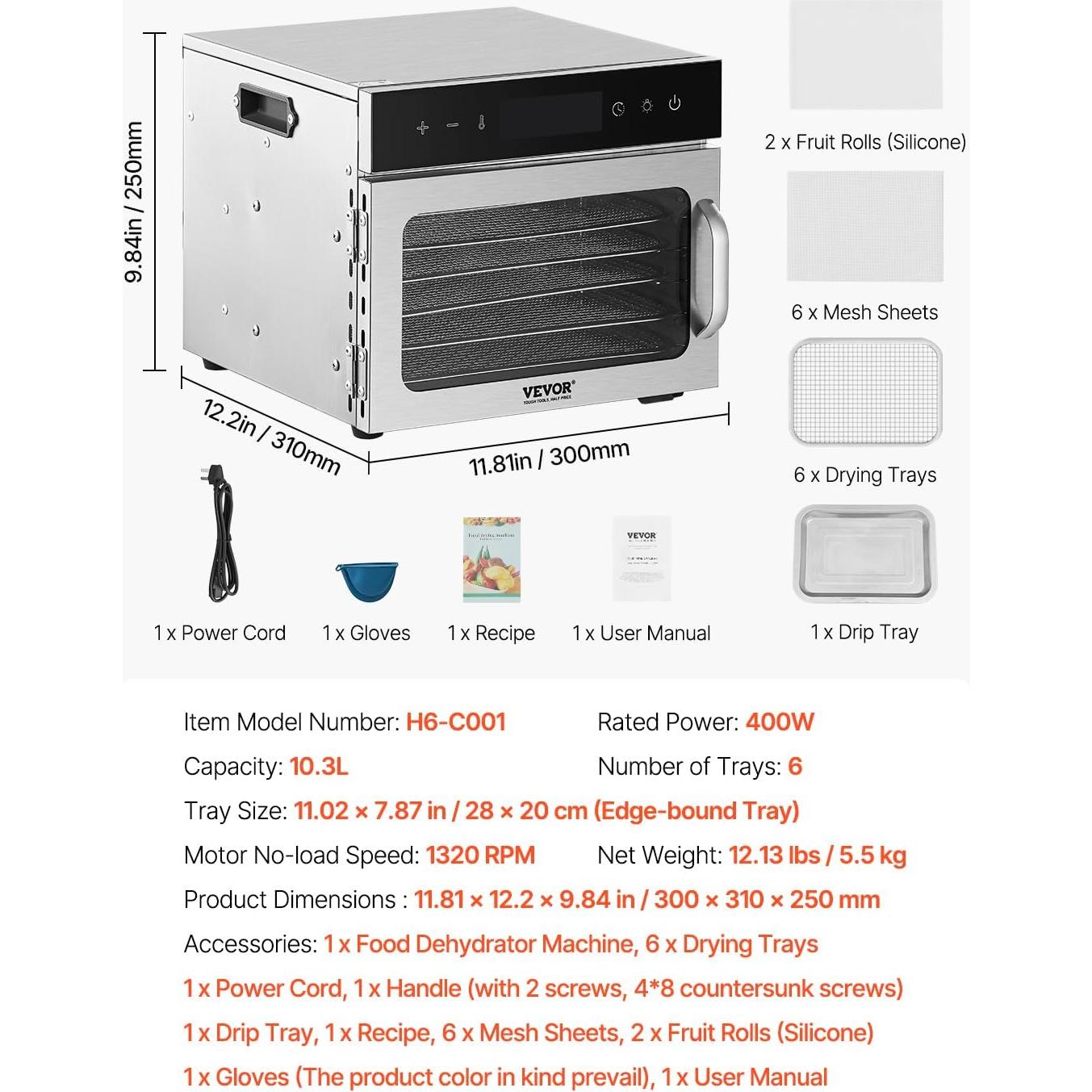 Deshidratadora de Alimentos VEVOR 6 Bandejas Acero Inoxidable 400W