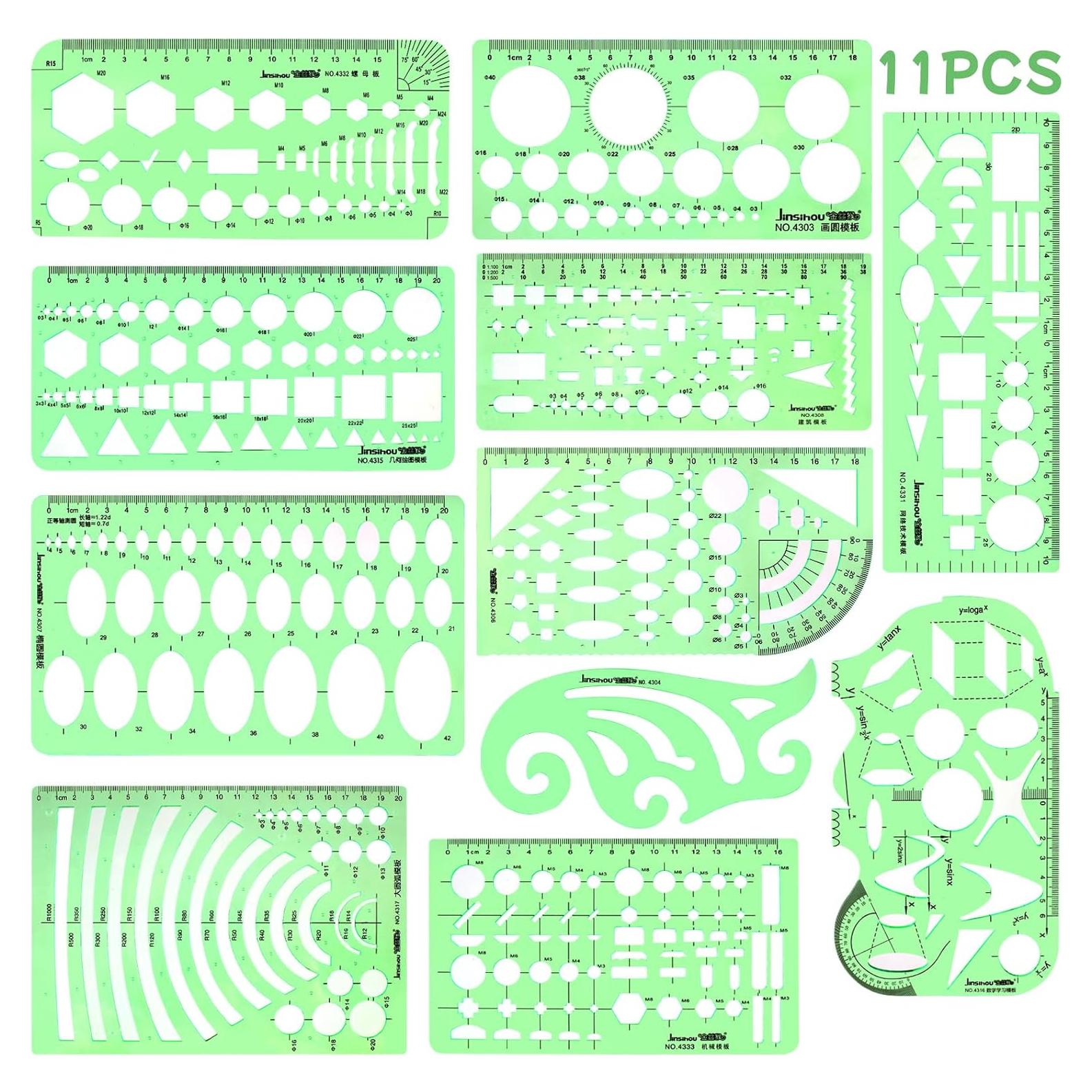 Plantillas de Dibujo Geométrico 11PCS Plástico Verde