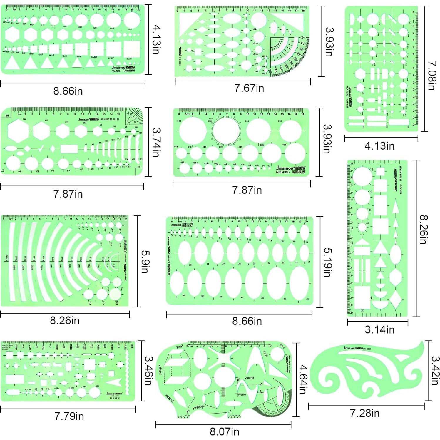Plantillas de Dibujo Geométrico 11PCS Plástico Verde