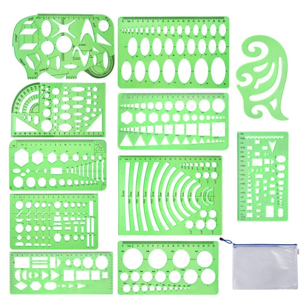 Plantillas de Dibujo Geométrico Qincling - 11 Piezas Plástico Verde