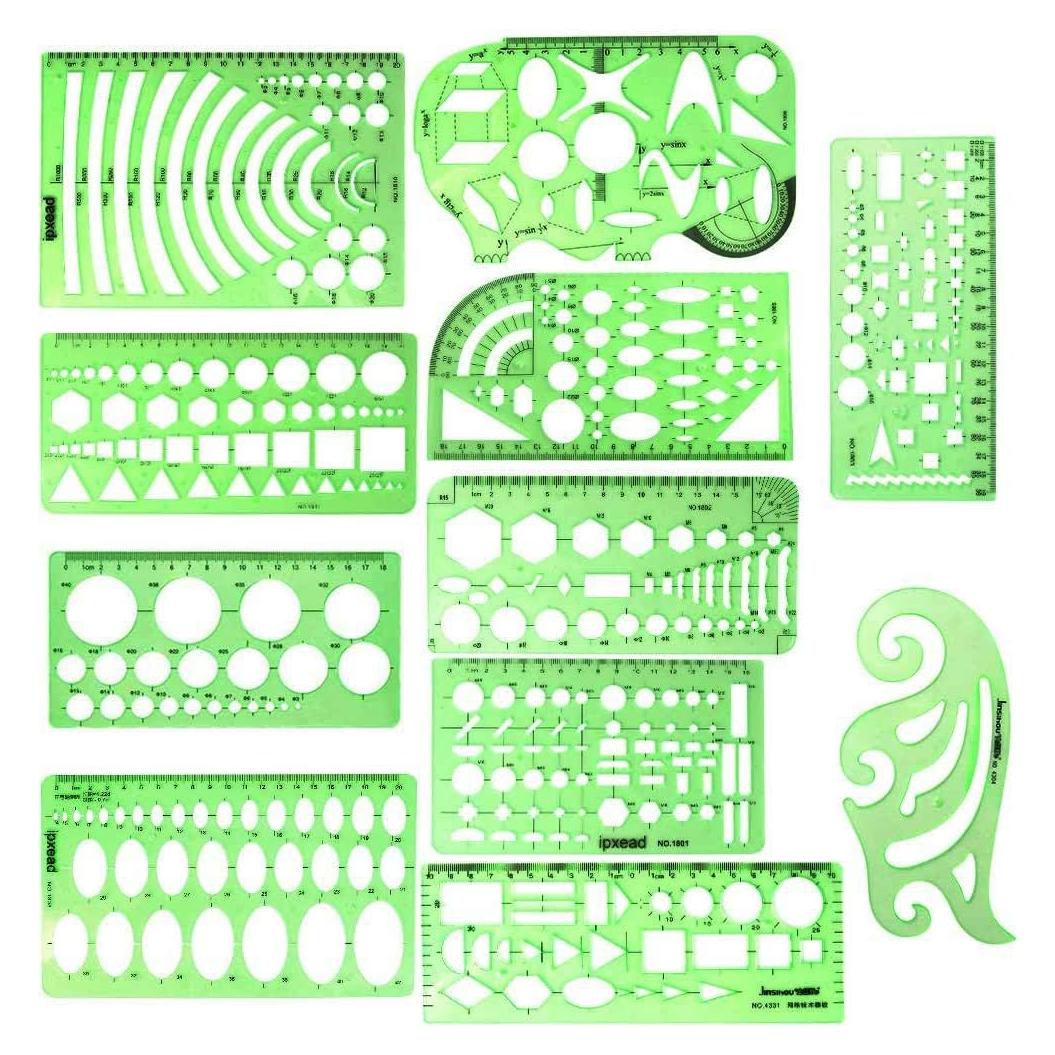 11 Piece Geometric Drawing Template Measuring Ruler, Transparent Green Plastic Ruler with Portable Plastic Bag for, for Studying, Designing and Building