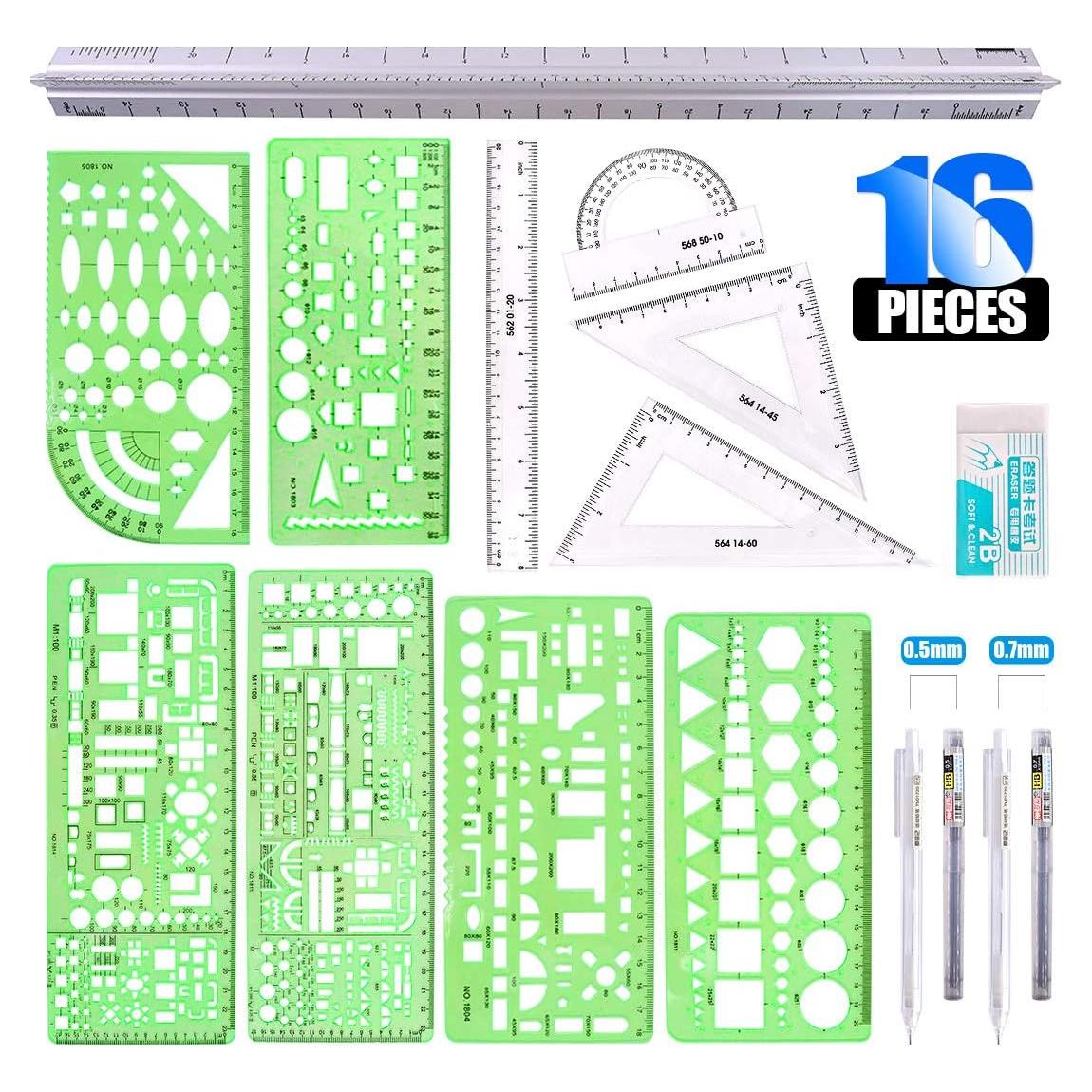 Set de Plantillas de Medición Glarks 16 Piezas Geométricas