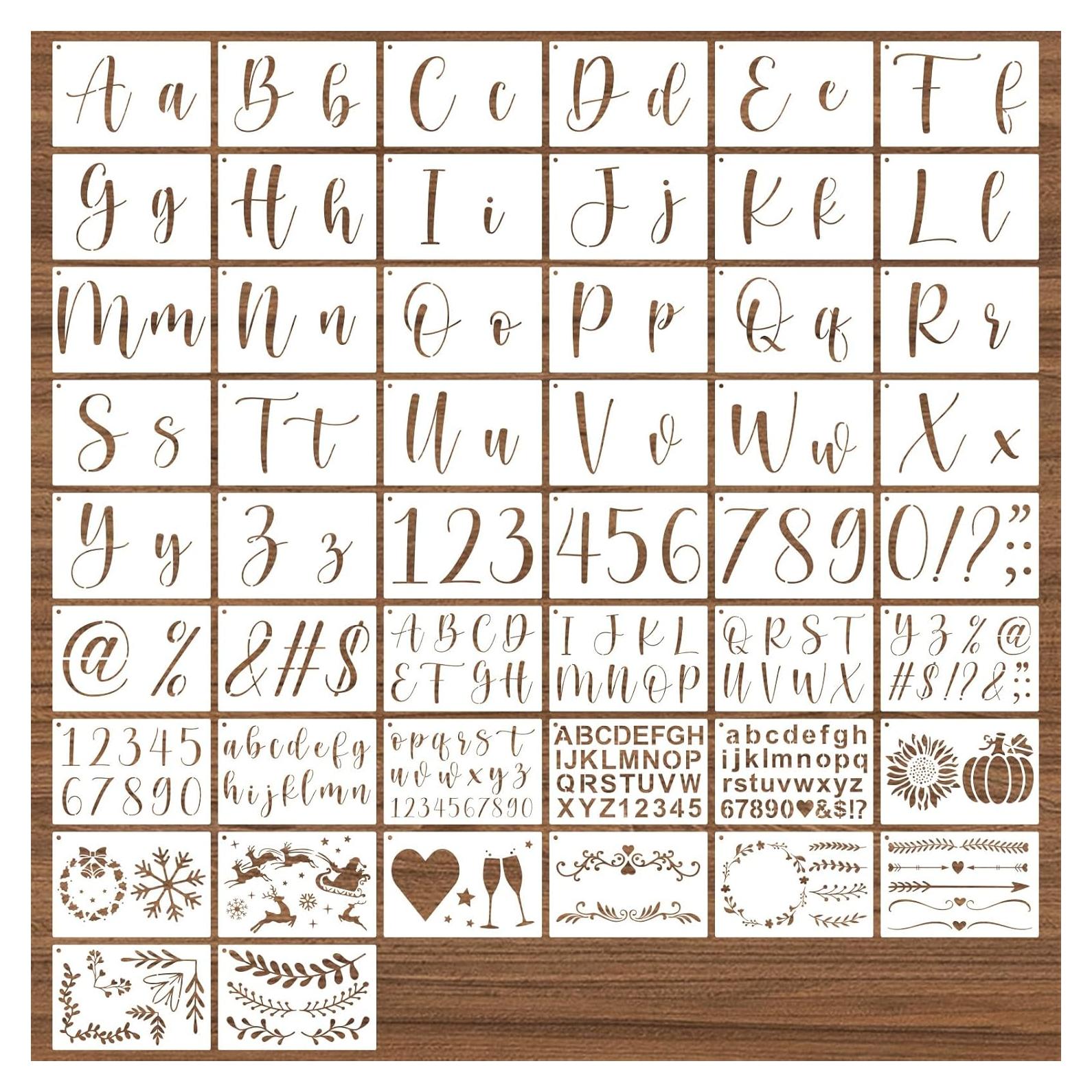 BAMIDELE Letter Stencils for Painting on Wood, 50 Pcs Calligraphy Alphabet Drawing Templates with Numbers, Signs, Reusable Cursive Plastic Art Craft Stencils